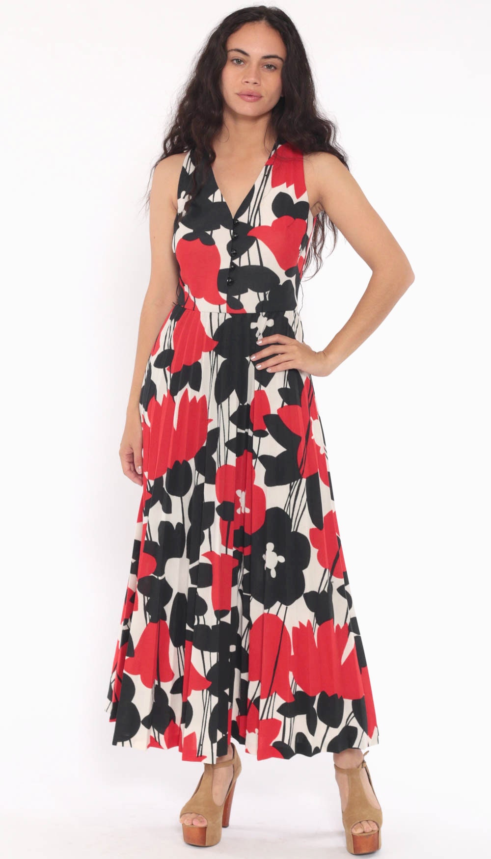 70s Michelle by Almalfi Floral Maxi Dress High Waist Pleated Red Black White Extra Small