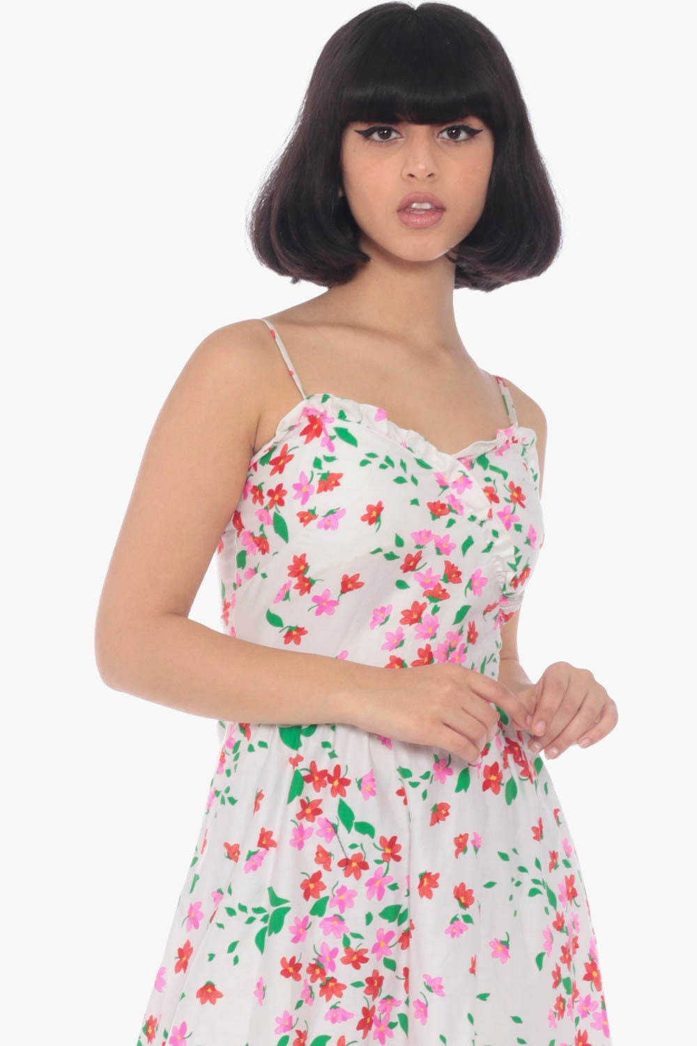 70s White Floral Midi Sundress Pink Red Print High Waist Spaghetti Strap Extra Small
