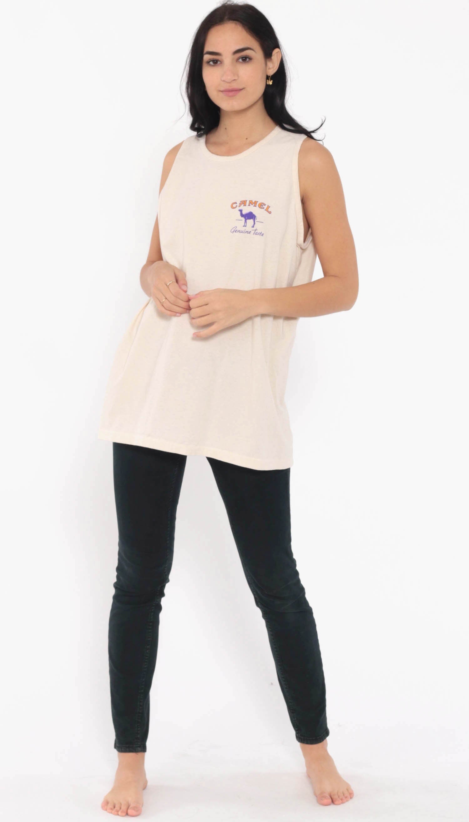 90s Camel Joe Cigarettes Graphic Tank Top Beige Cotton Unisex Extra Large