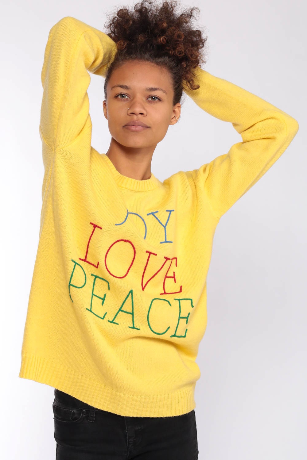1970s Yellow Joy Love Peace Knit Sweater Pullover Small Medium