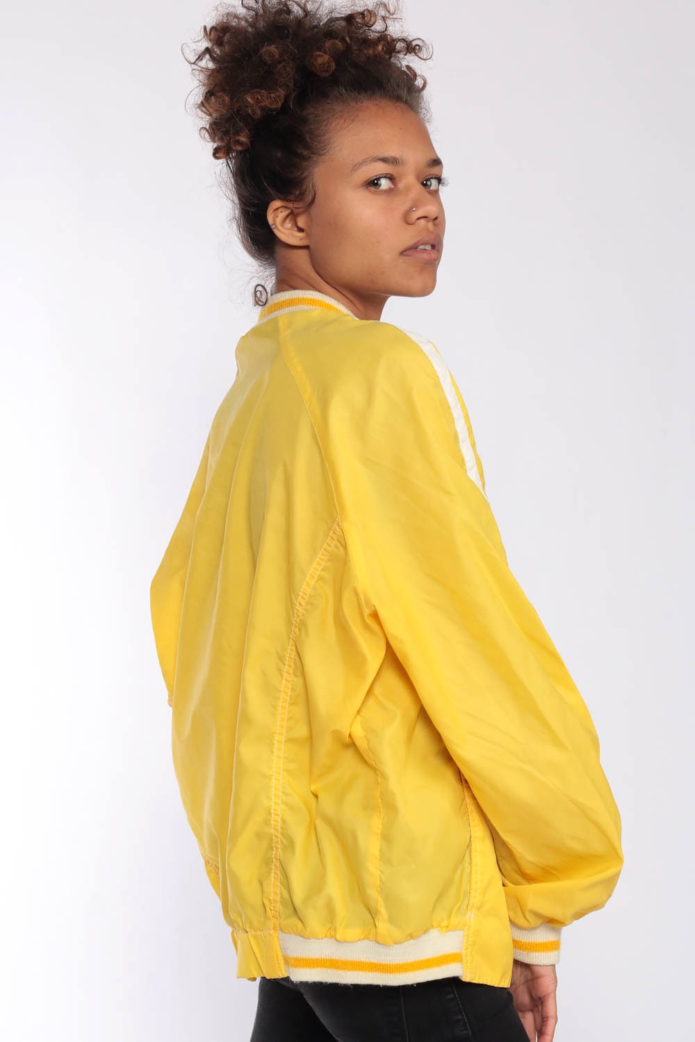 80s Yellow Nylon Windbreaker Jacket Striped Raglan Zip-Up Large