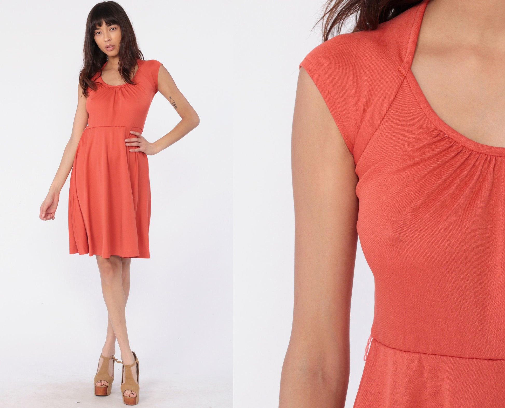 70s Orange Grecian Mini Dress Cap Sleeve Flared Round Neck Small