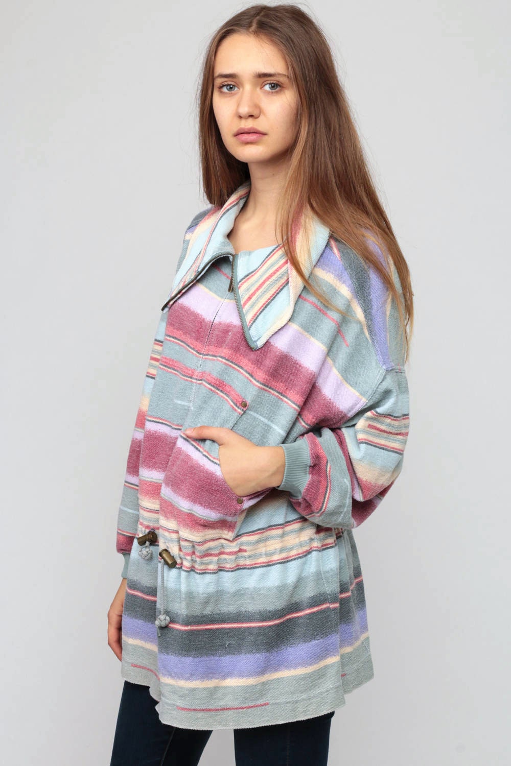 90s Striped Anorak Jacket Drawstring Waist Pink Green Cotton Extra Large XXL