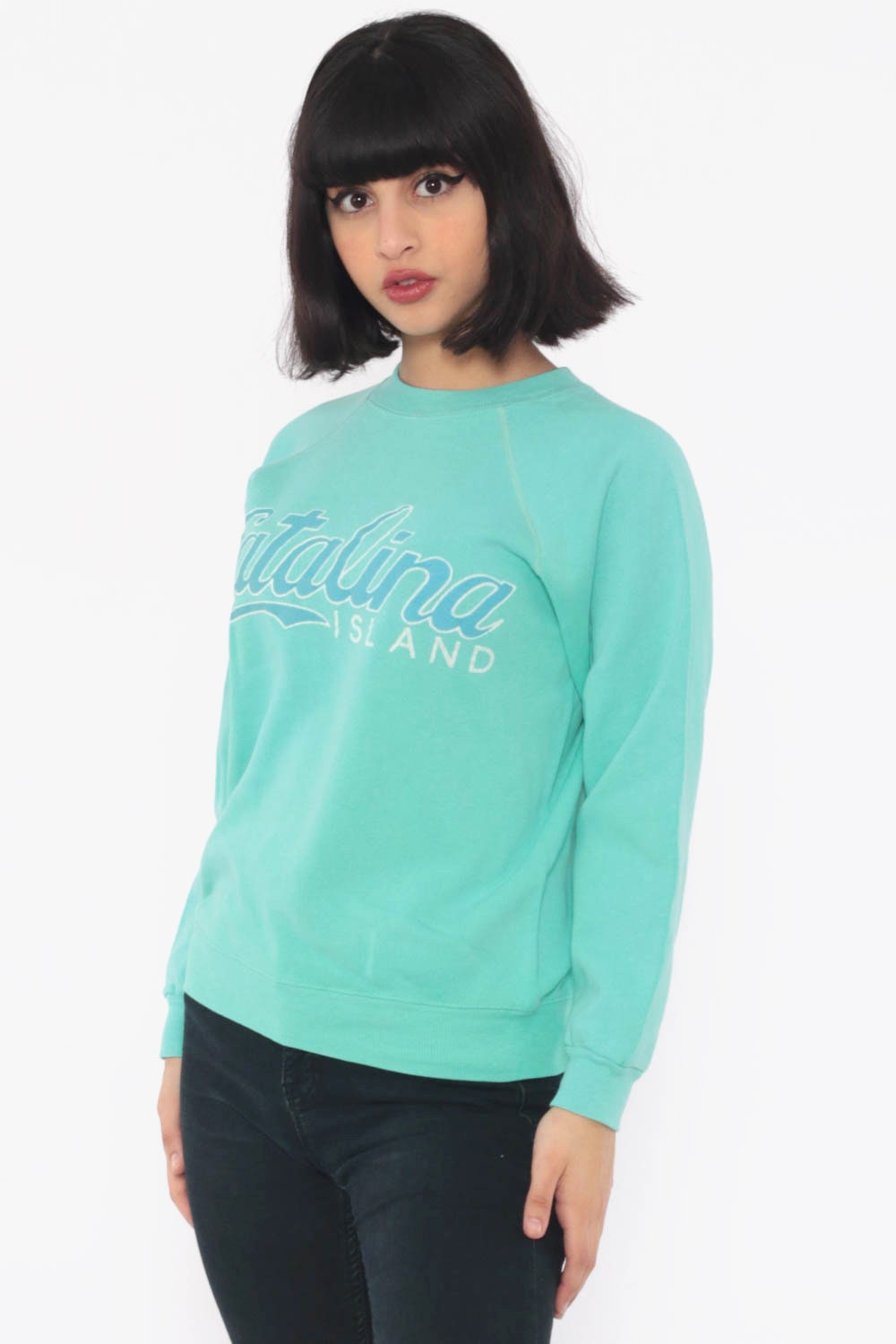 80s Catalina Island California Raglan Sweatshirt Turquoise Graphic Crewneck Extra Small