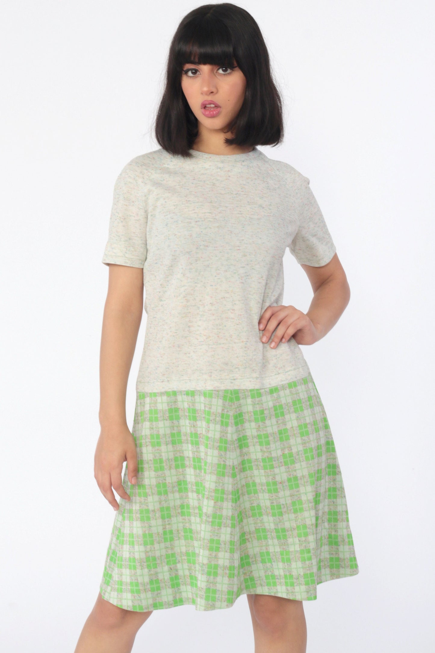 60s Mod Plaid Drop Waist Shift Dress Short Sleeve Knee-Length Medium