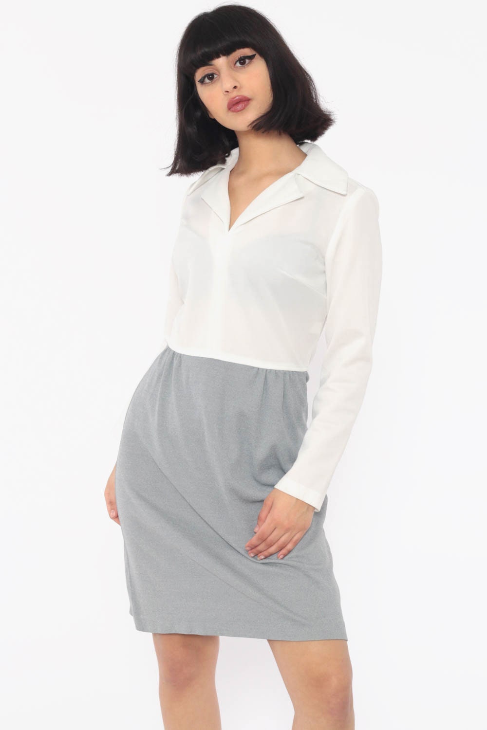 60s Mod Mini Dress High Waist Grey White Colour Block Polyester Small