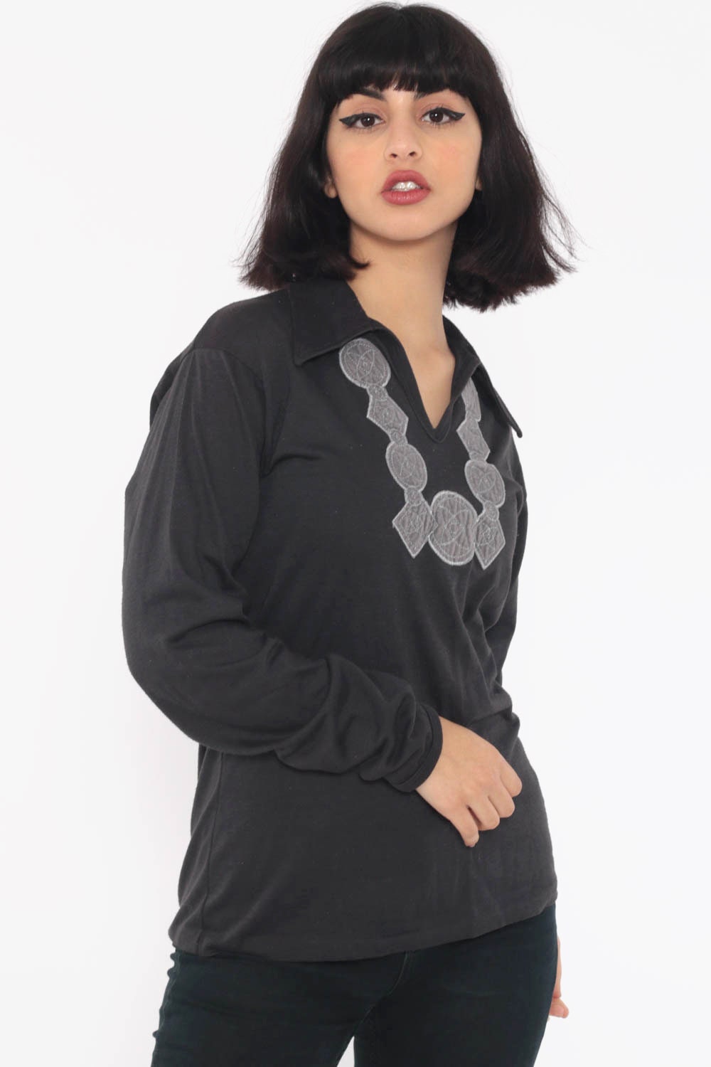 70s Esprit Black Embroidered Blouse V-Neck Collared Long Sleeve Medium
