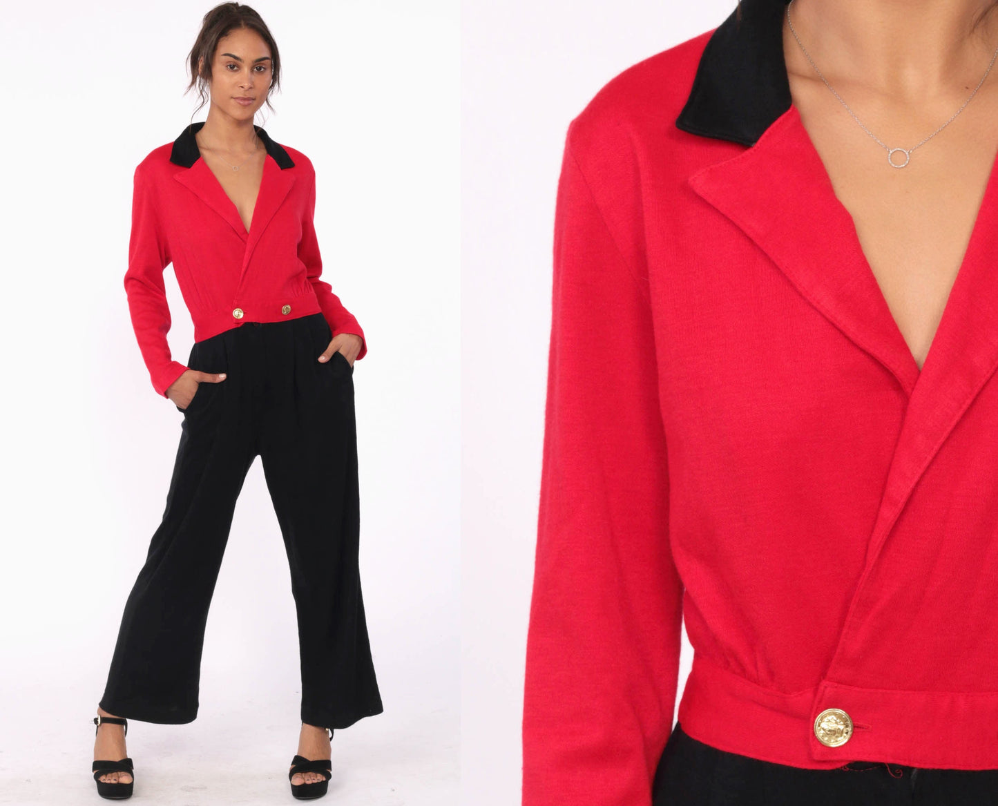 80s Color Block Jumpsuit Red Black Wrap V-Neck Small