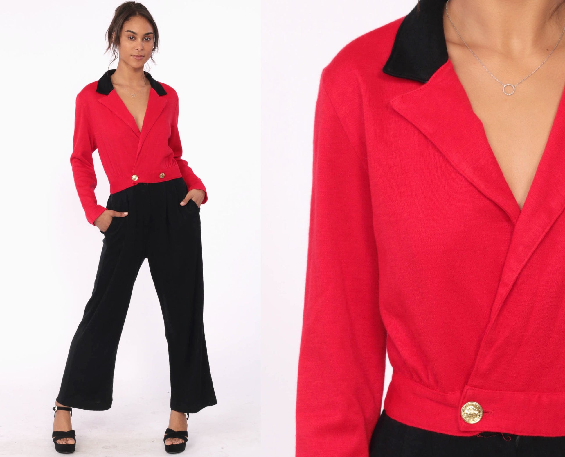 80s Color Block Jumpsuit Red Black Wrap V-Neck Small