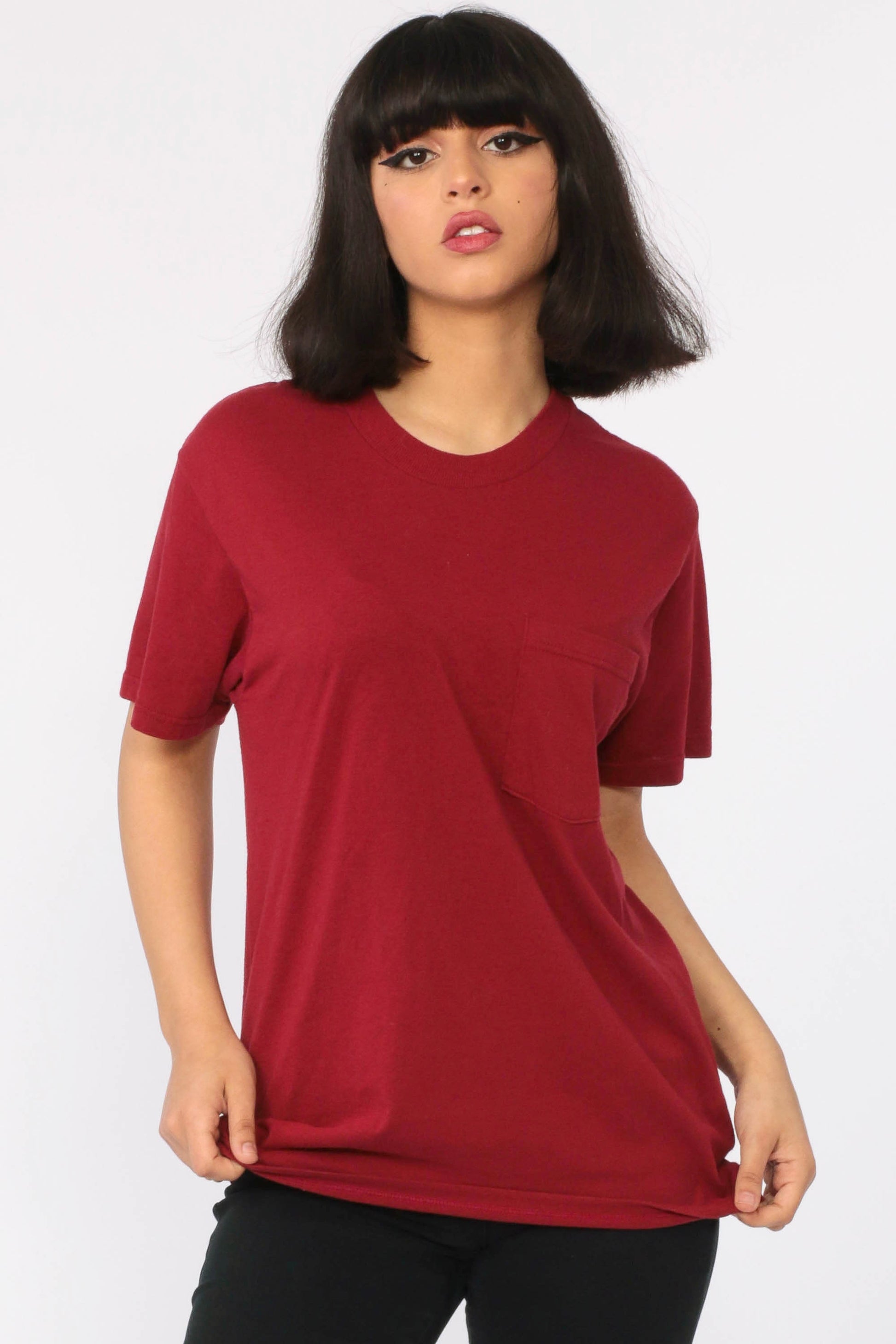 80s Burgundy Cotton Pocket T-Shirt Plain Tee Extra Small
