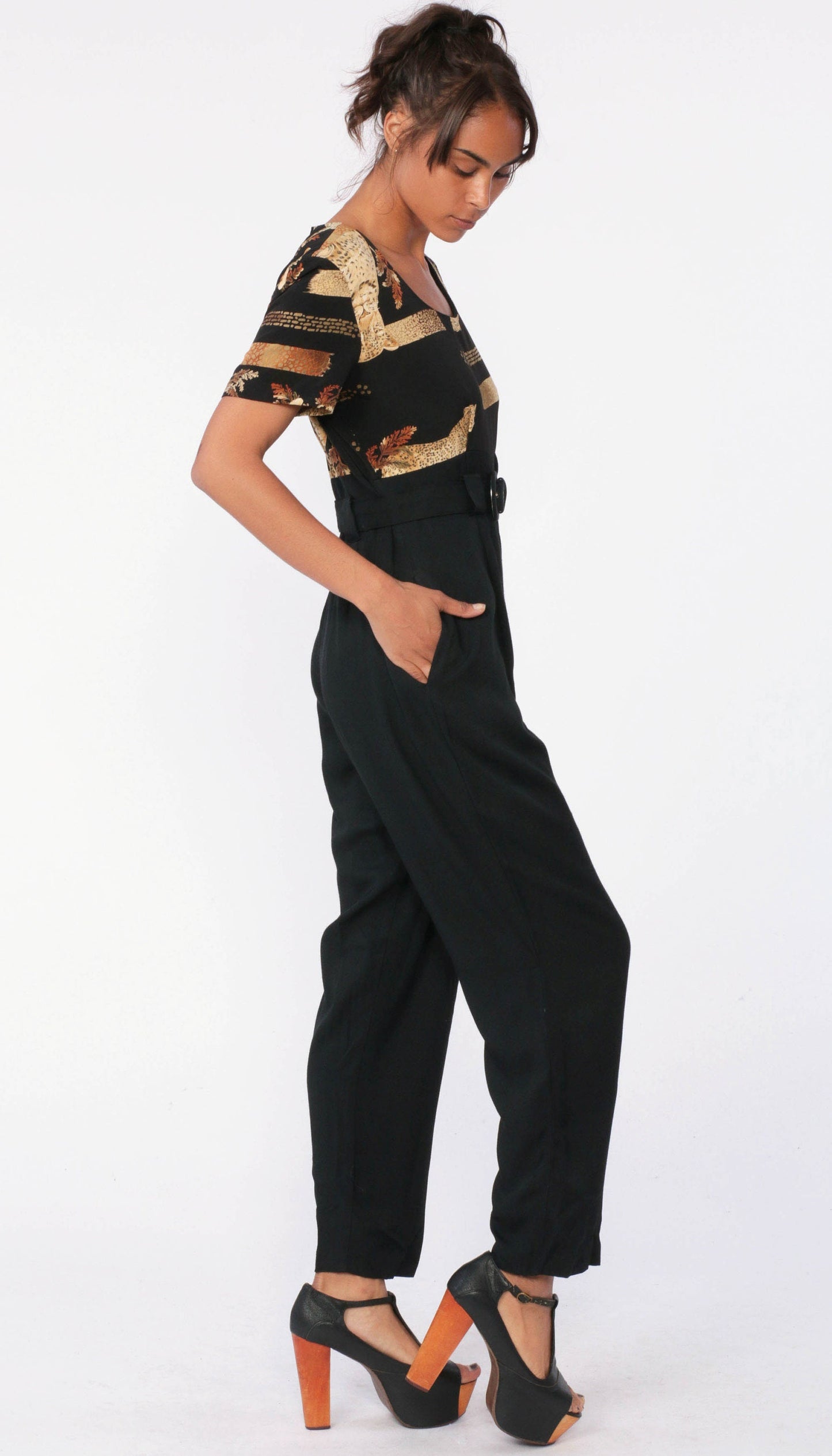 80s Animal Print Jumpsuit Black Belted High Waisted Tapered Medium 8