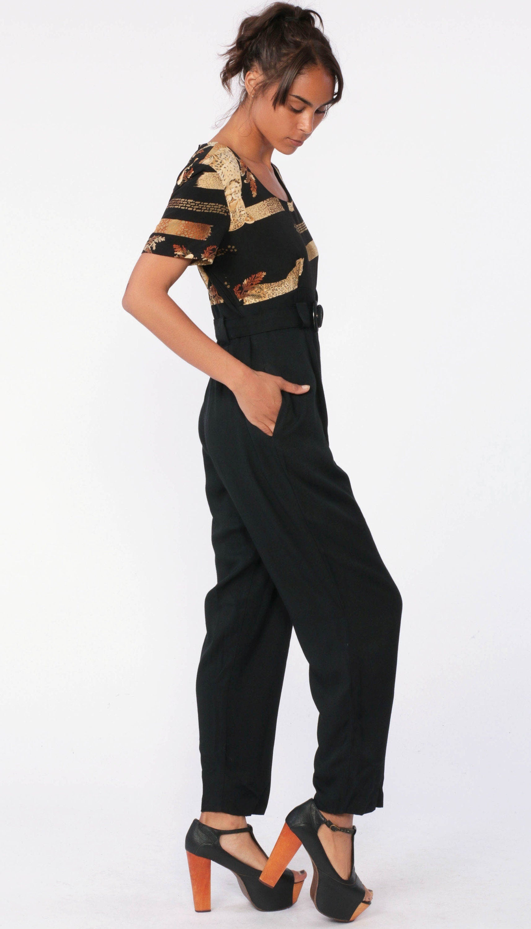 80s Animal Print Jumpsuit Black Belted High Waisted Tapered Medium 8