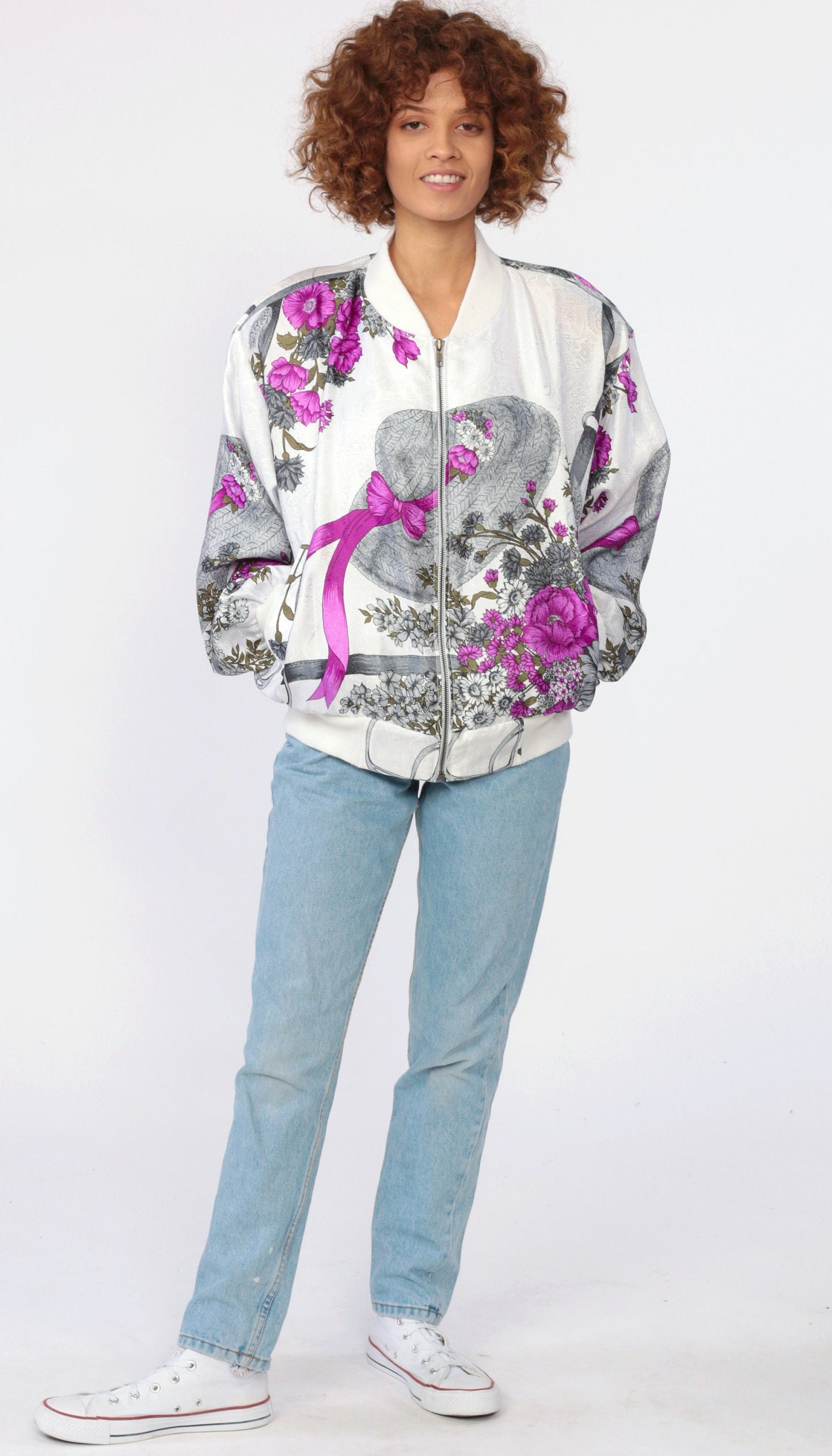 90s Floral Hat Print Windbreaker Jacket White Purple Medium