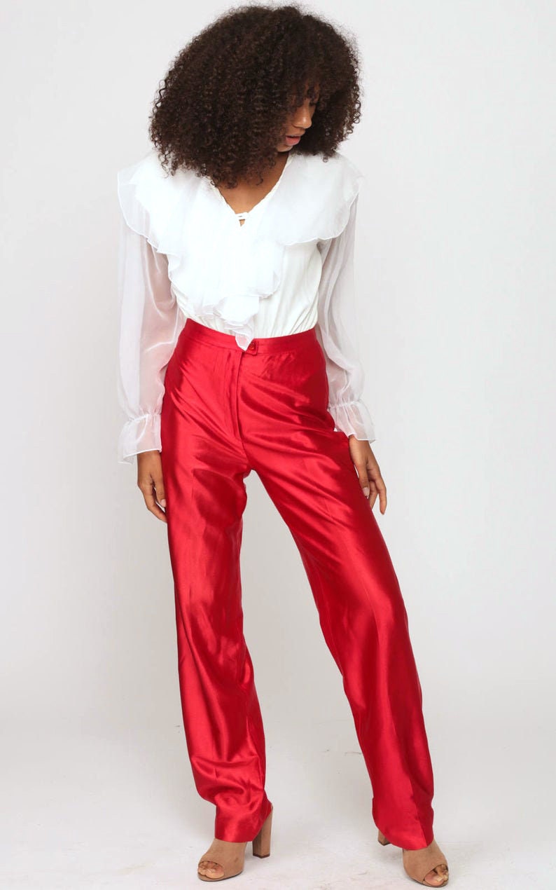 70s Red Disco Pants High Waisted Straight Leg Shiny Trousers Small