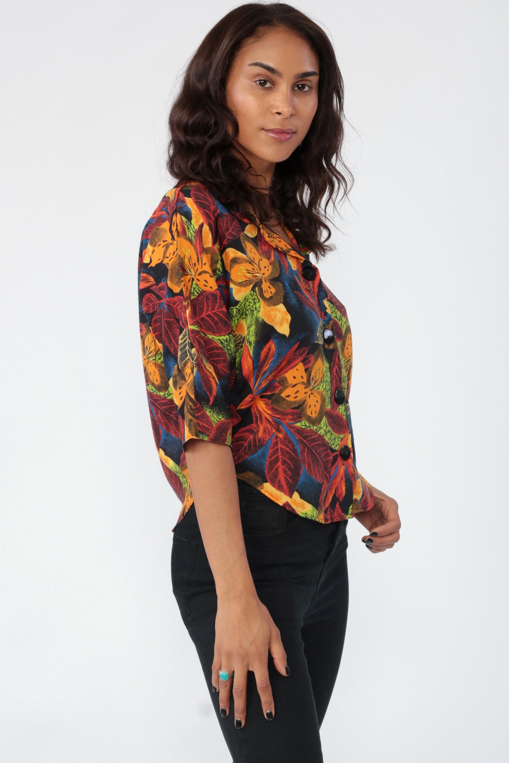 80s Tropical Floral Button-Up Blouse 3/4 Sleeve Crop Top Small Medium