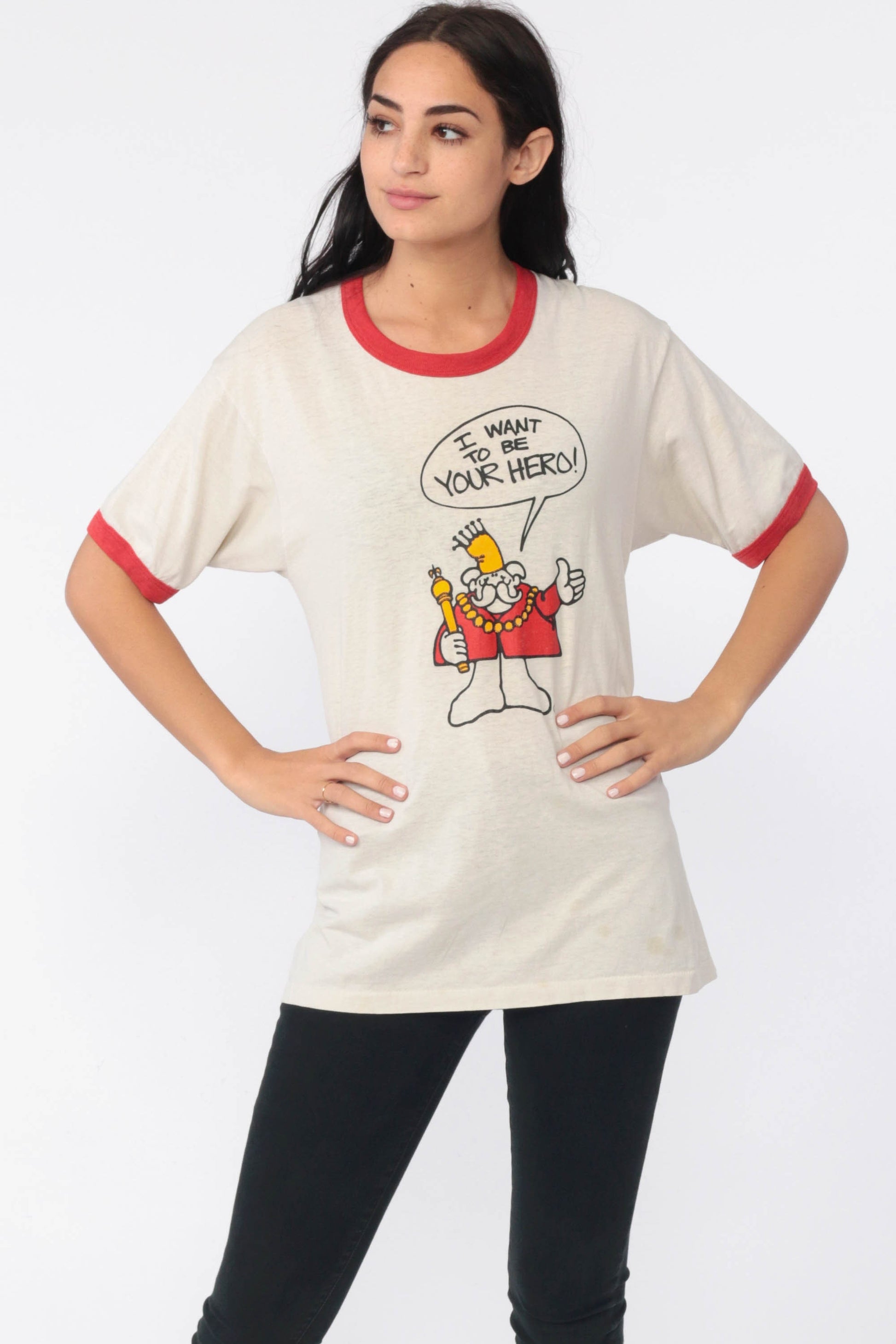 80s Hero King Ringer T-Shirt Graphic Tee I Want To Be Your Hero Medium