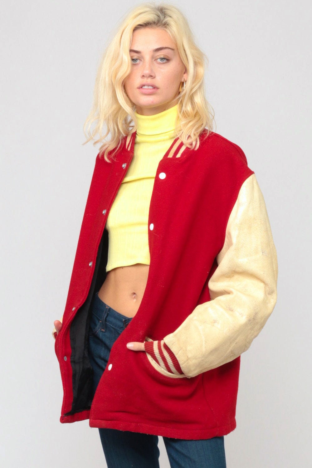 80s Wool Varsity Jacket Red Leather Sleeves Unisex Large
