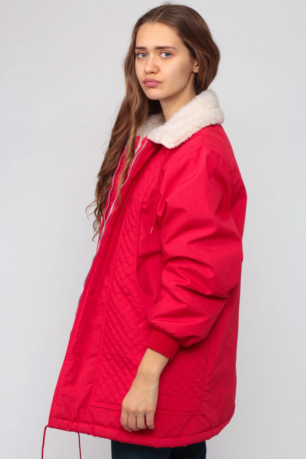 70s Red Puffer Ski Jacket Sherpa Lining Zip Front Large