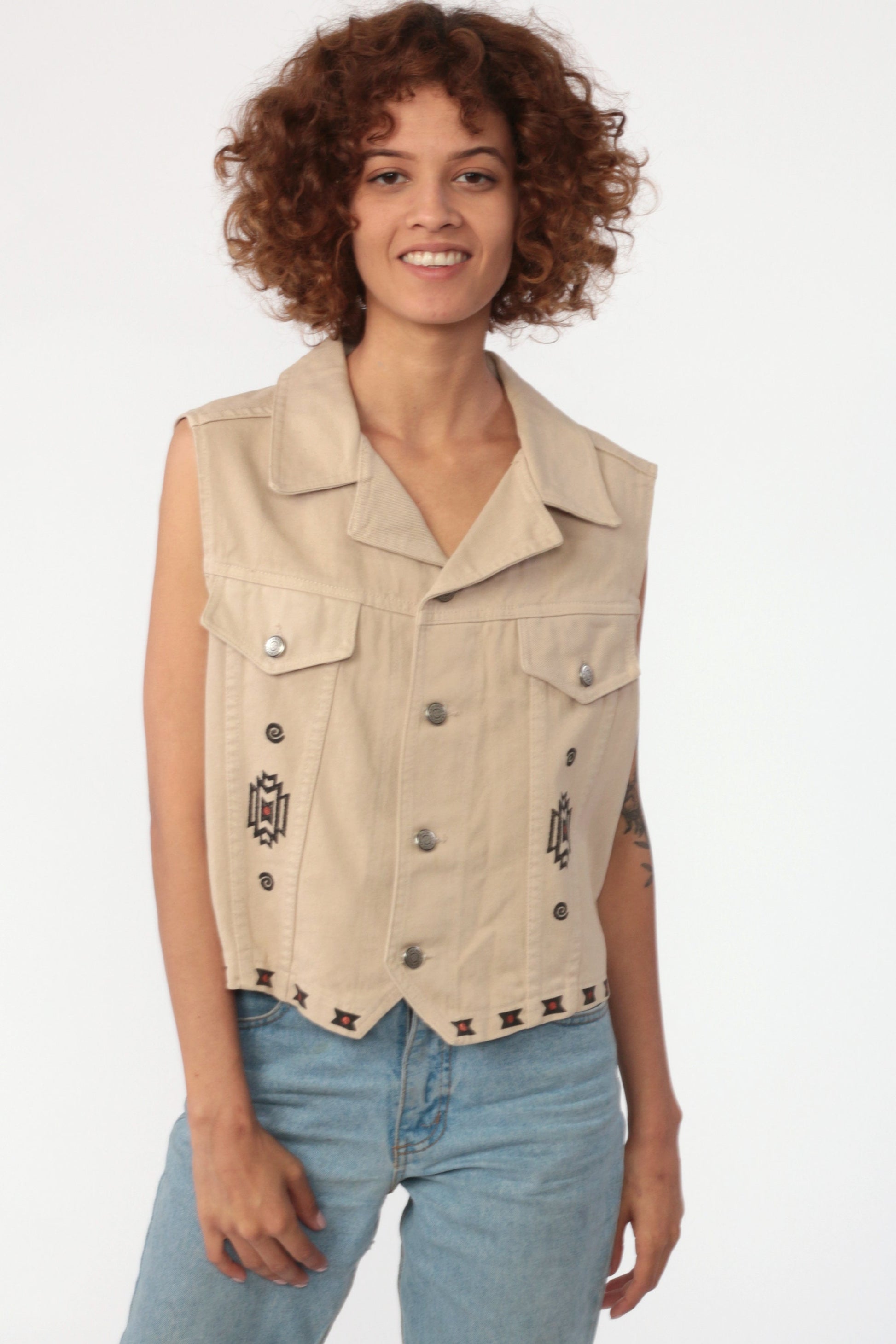 80s Watch LA Denim Vest Tan Southwestern Bear Print Medium