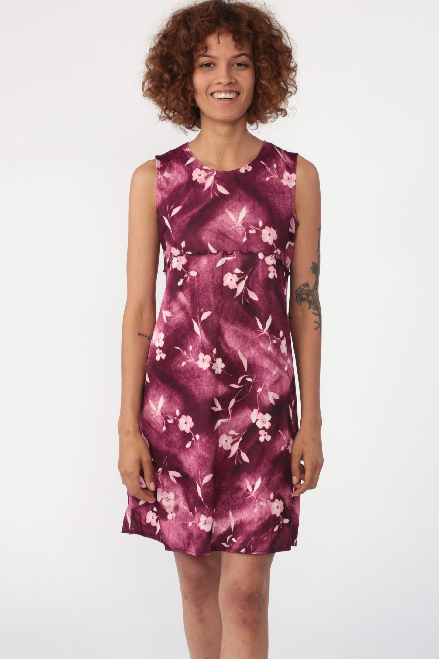 90s Floral Mini Dress Purple White Lettuce Edge Sleeveless Sheath Small