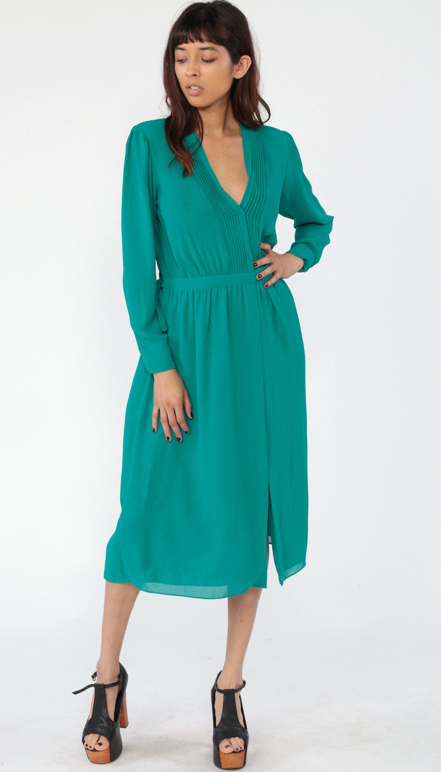 70s Teal Wrap Dress Deep V Neck Puff Sleeve High Waist Midi Small