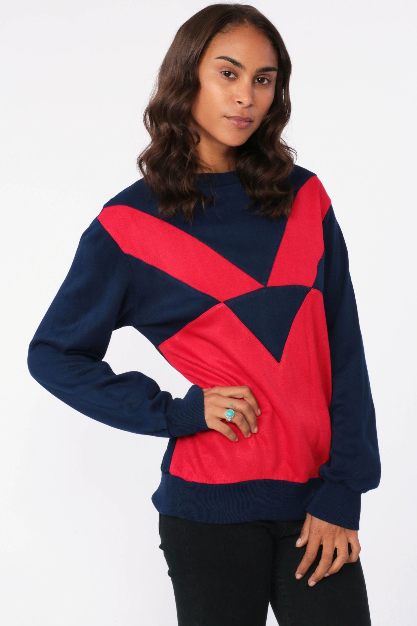 80s Color Block Sweatshirt Navy Blue Red Crewneck Pullover Small