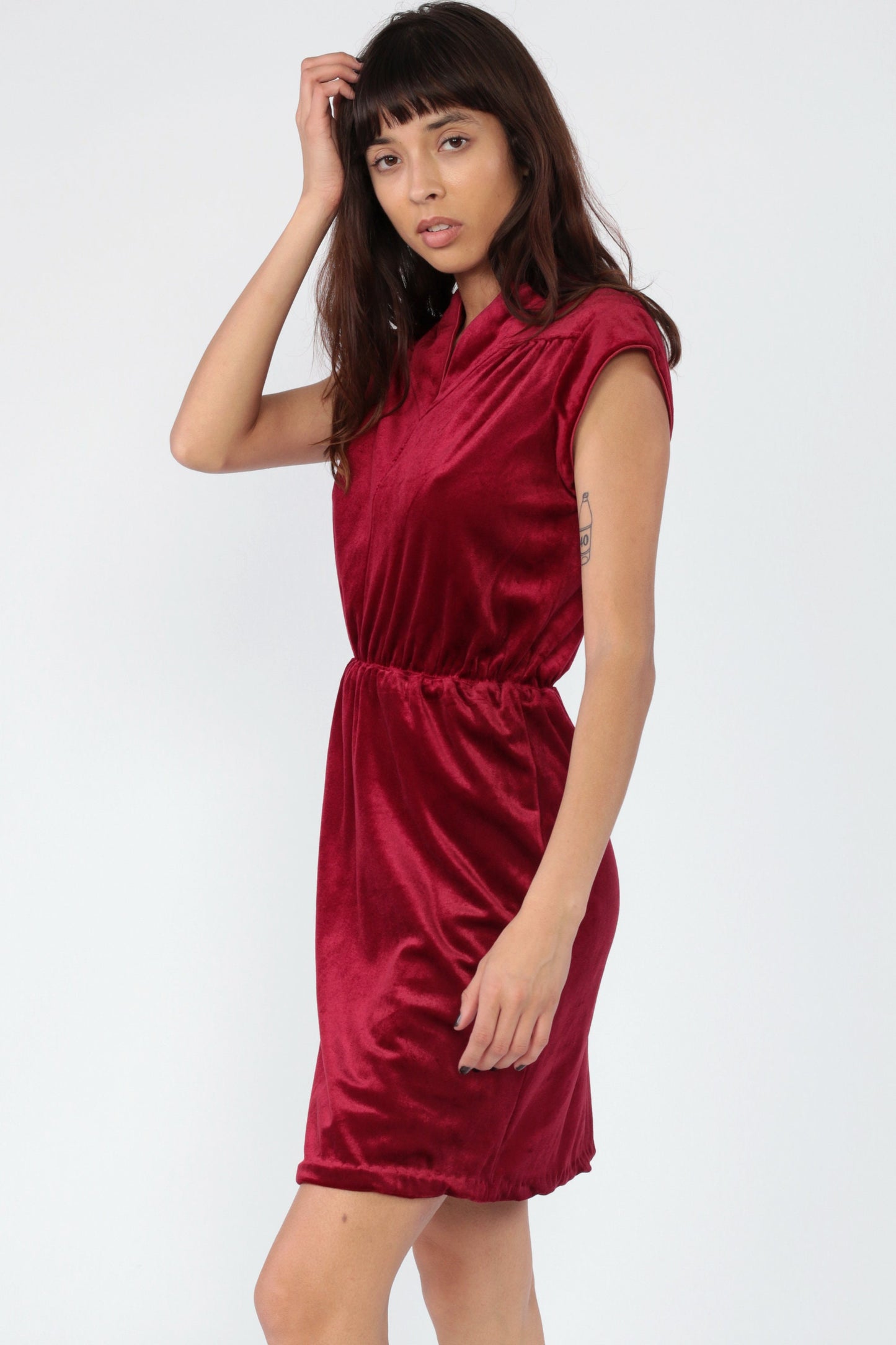70s Dark Red Velvet Mini Dress Cap Sleeve High Waist Small Medium