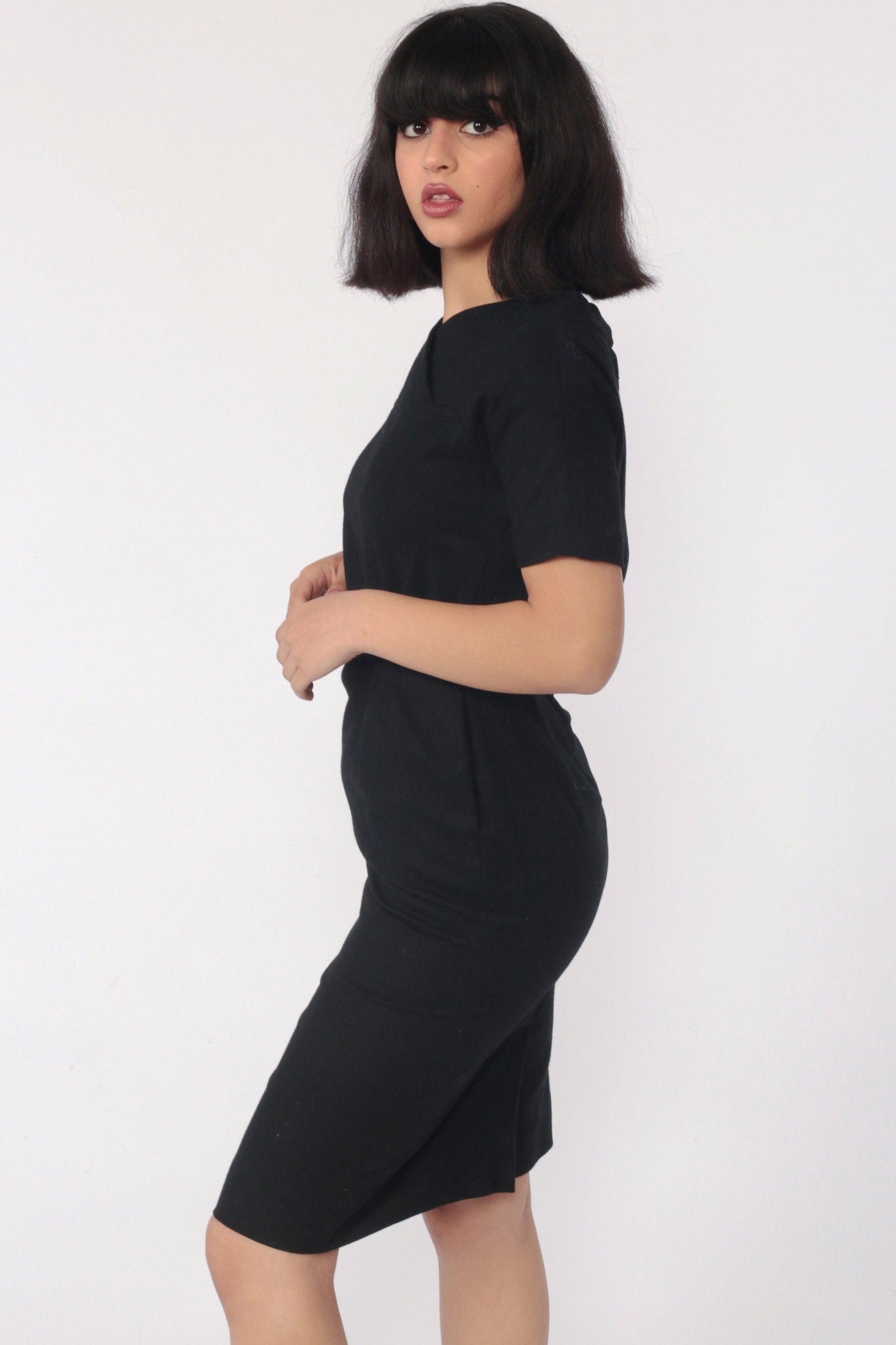 1960s Sue Brett Junior Black Wool Mini Sheath Dress Cap Sleeve Extra Small