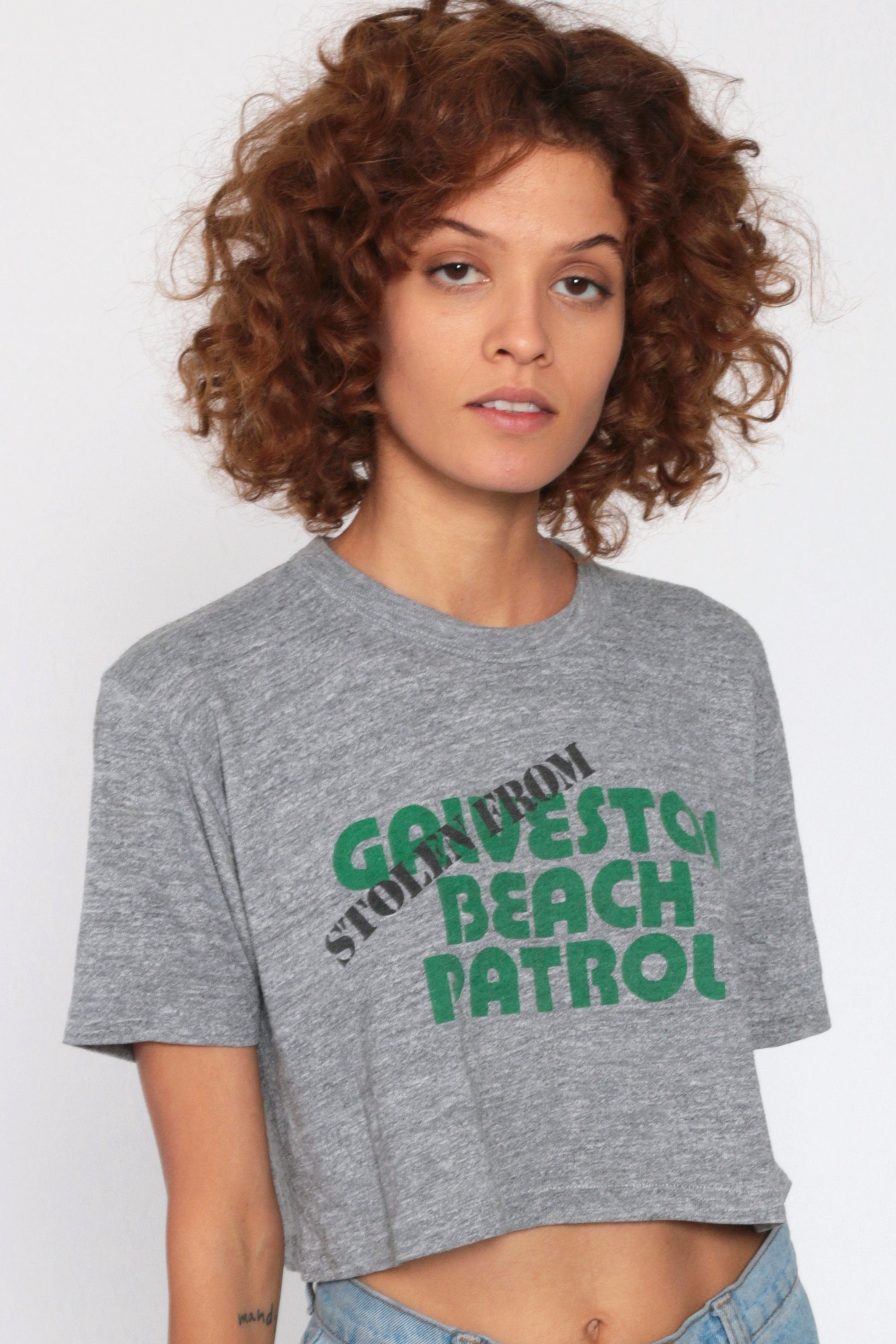 80s Galveston Beach Patrol Graphic Crop Top Grey Cotton Tee Extra Small