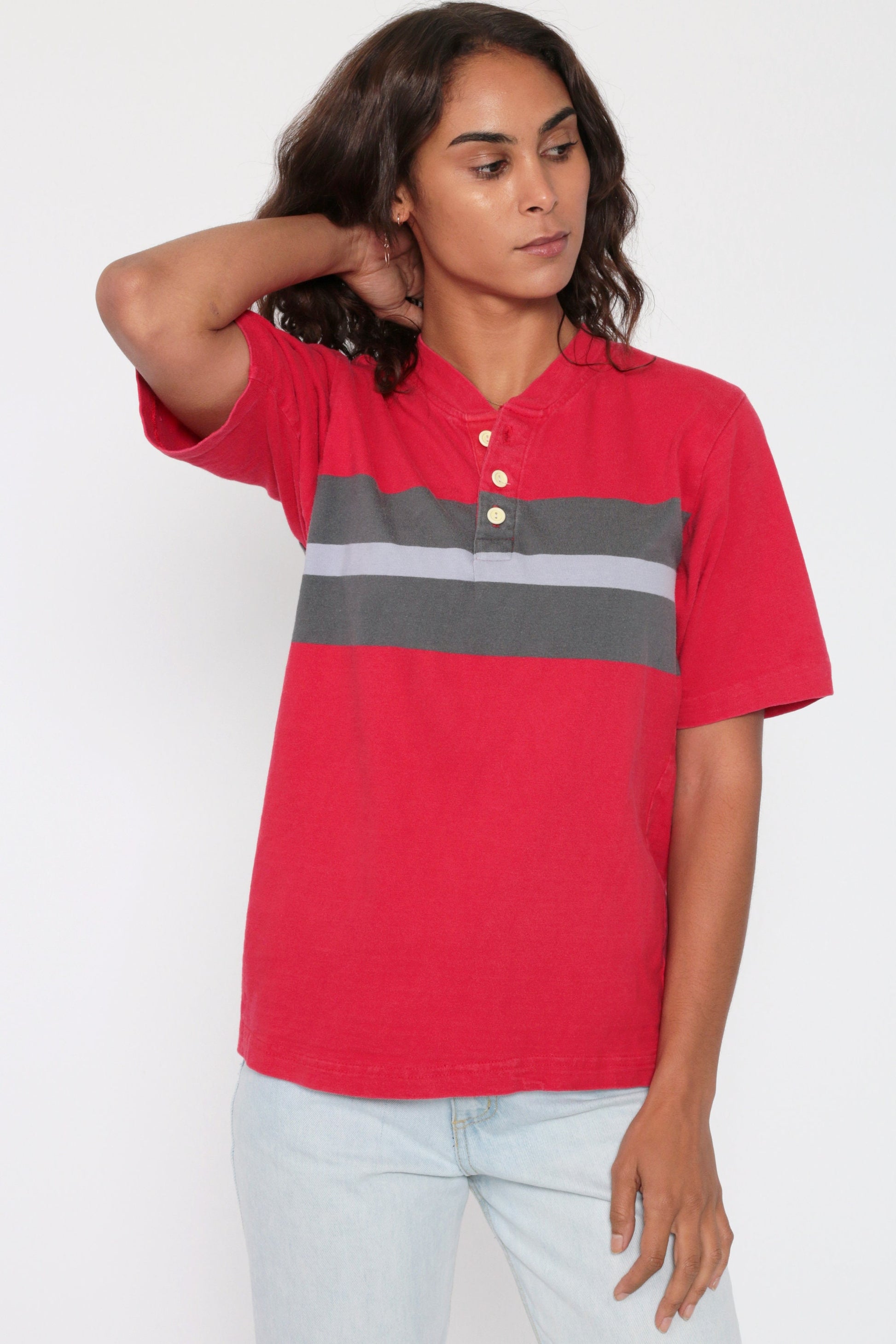 1970s Red Striped Polo Shirt Grey Color Block Half Button Cotton Small