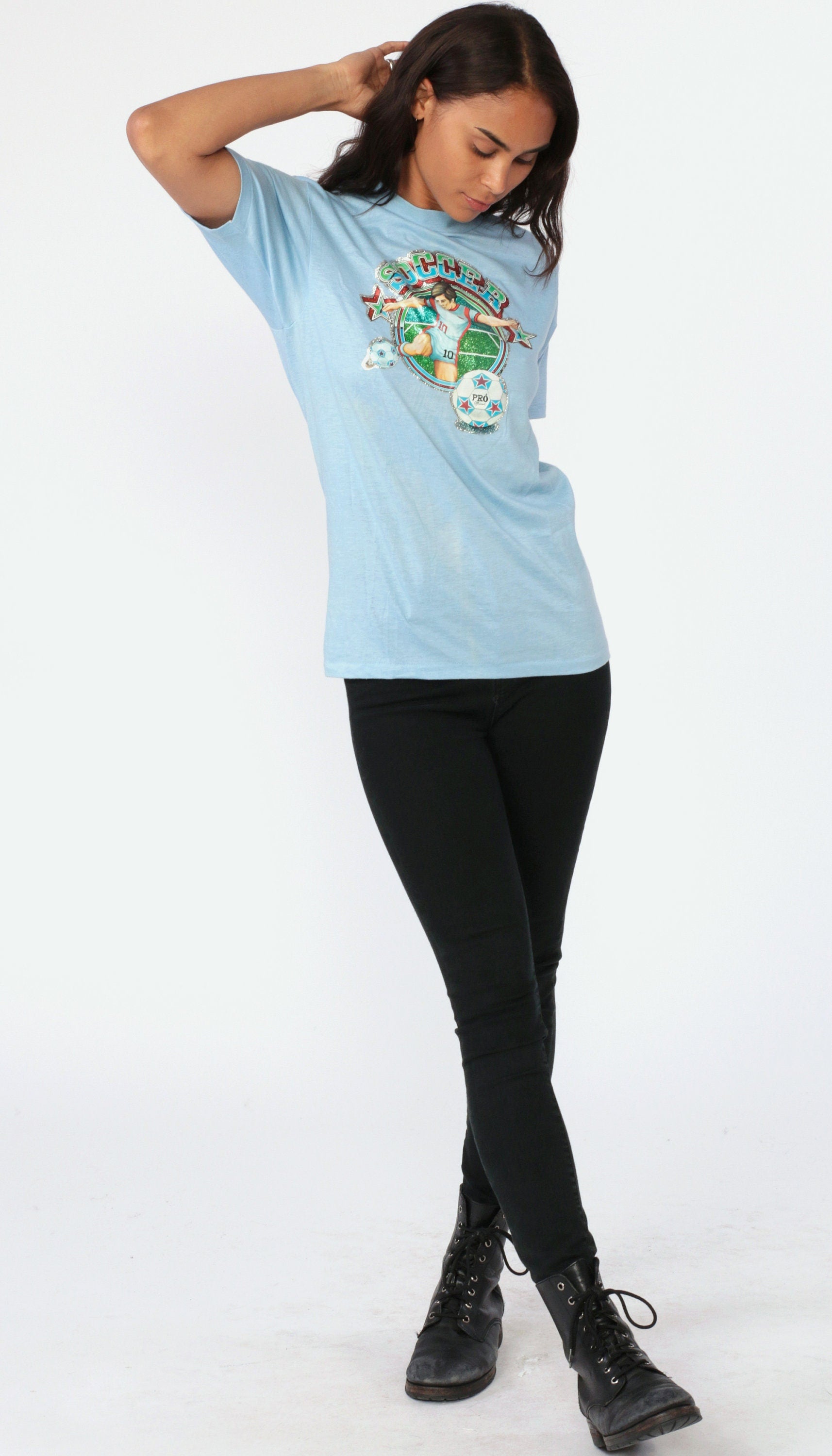 80s Soccer Iron On T-Shirt Baby Blue Graphic Tee Extra Small
