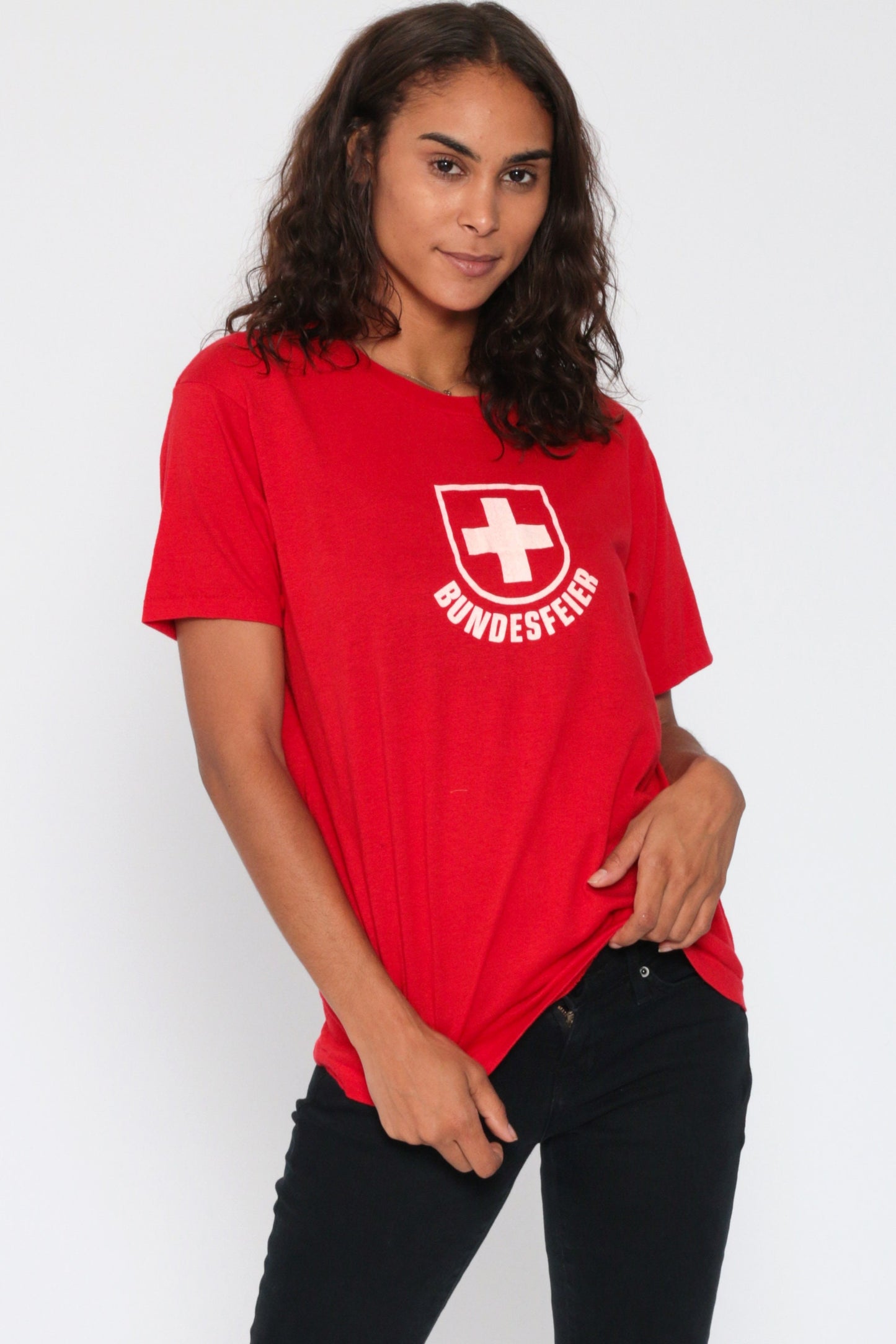 80s Swiss Bundesfeier T-Shirt Red Cotton Graphic Tee Medium