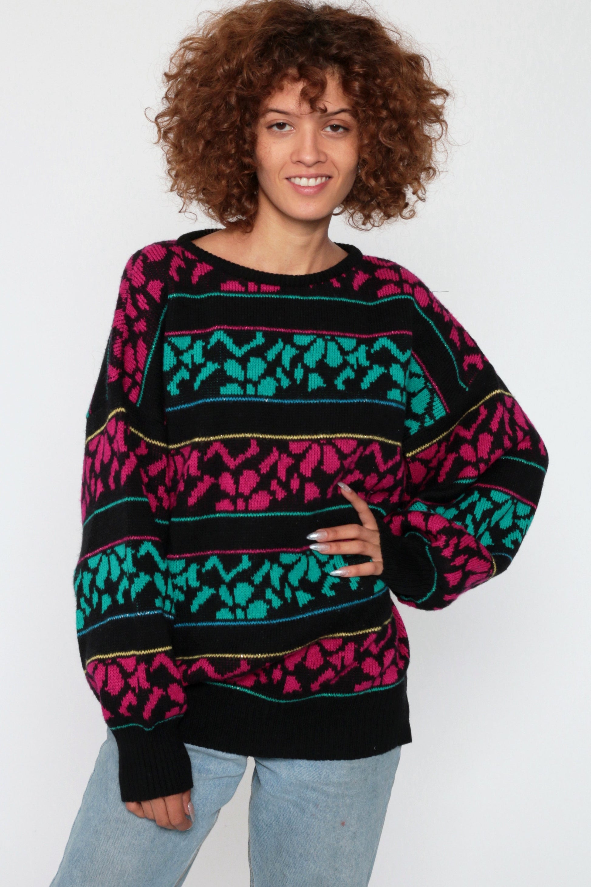 90s Metallic Floral Sweater Black Wool Acrylic Knit Pullover Large