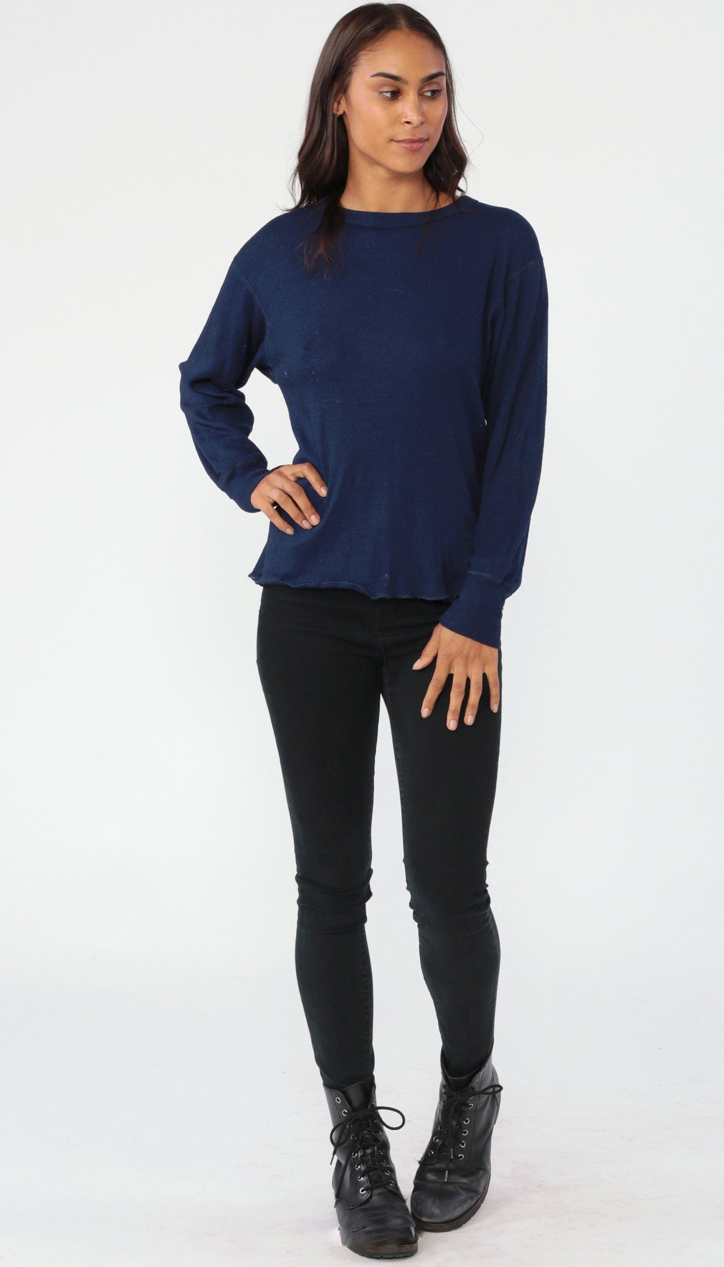 80s Navy Long Sleeve Athletic Shirt Polypropylene Stretchy Knit Extra Large XL