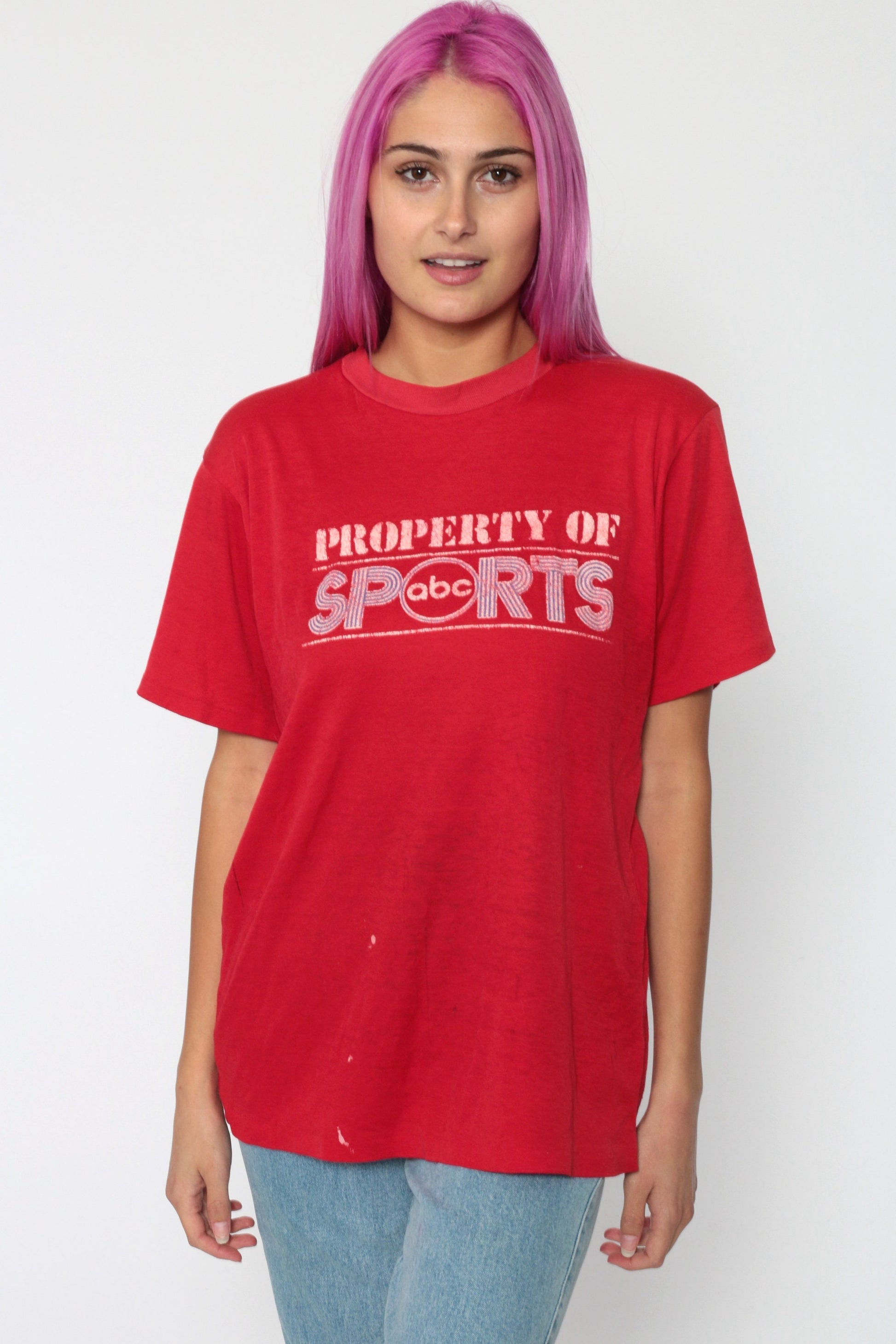 80s ABC Sports Graphic T-Shirt Red Cotton Tee Medium