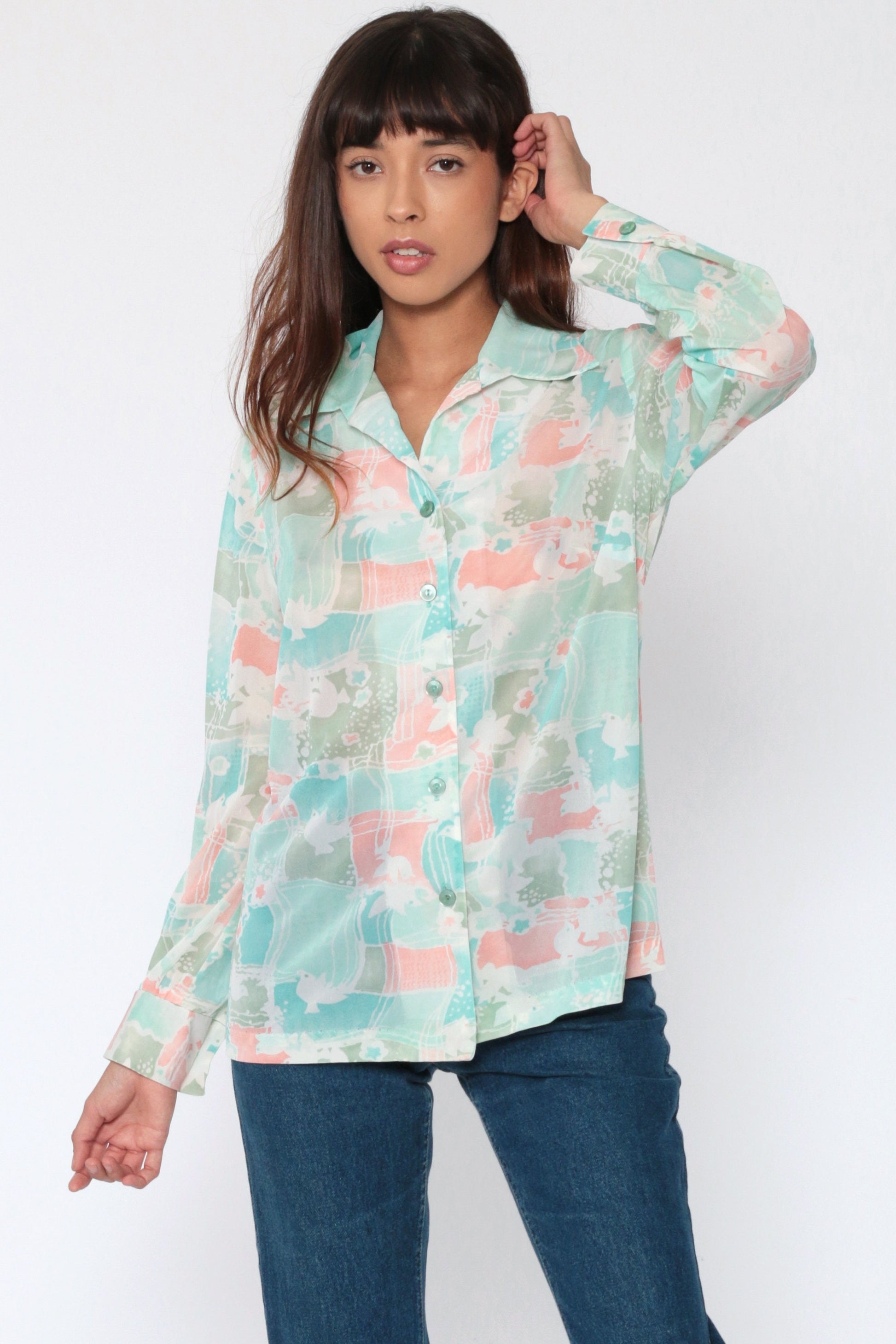70s Dove Print Button Up Blouse Long Sleeve Patchwork Pink Green Medium