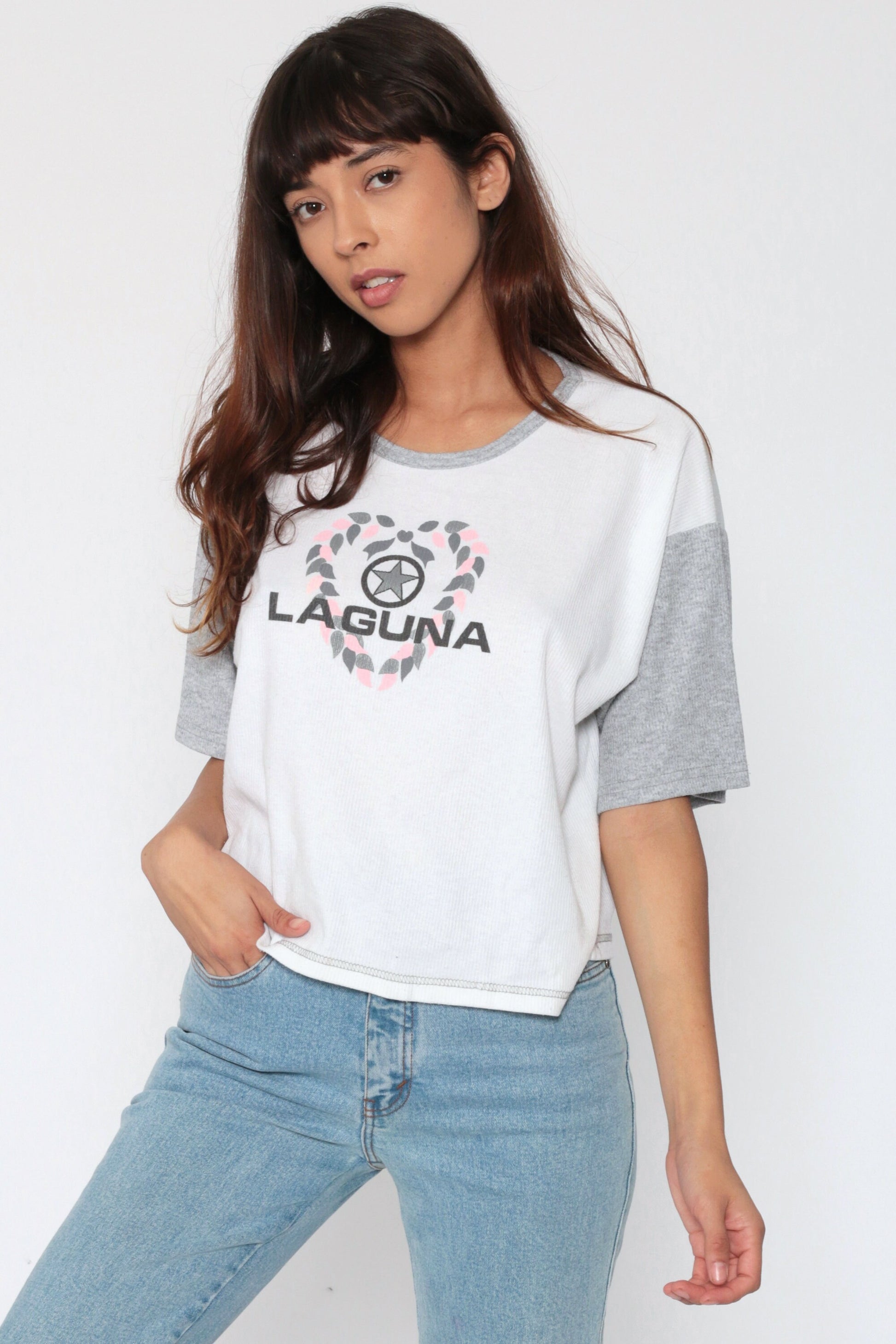 80s Laguna Colour Block Crop Top Grey White T-Shirt Medium