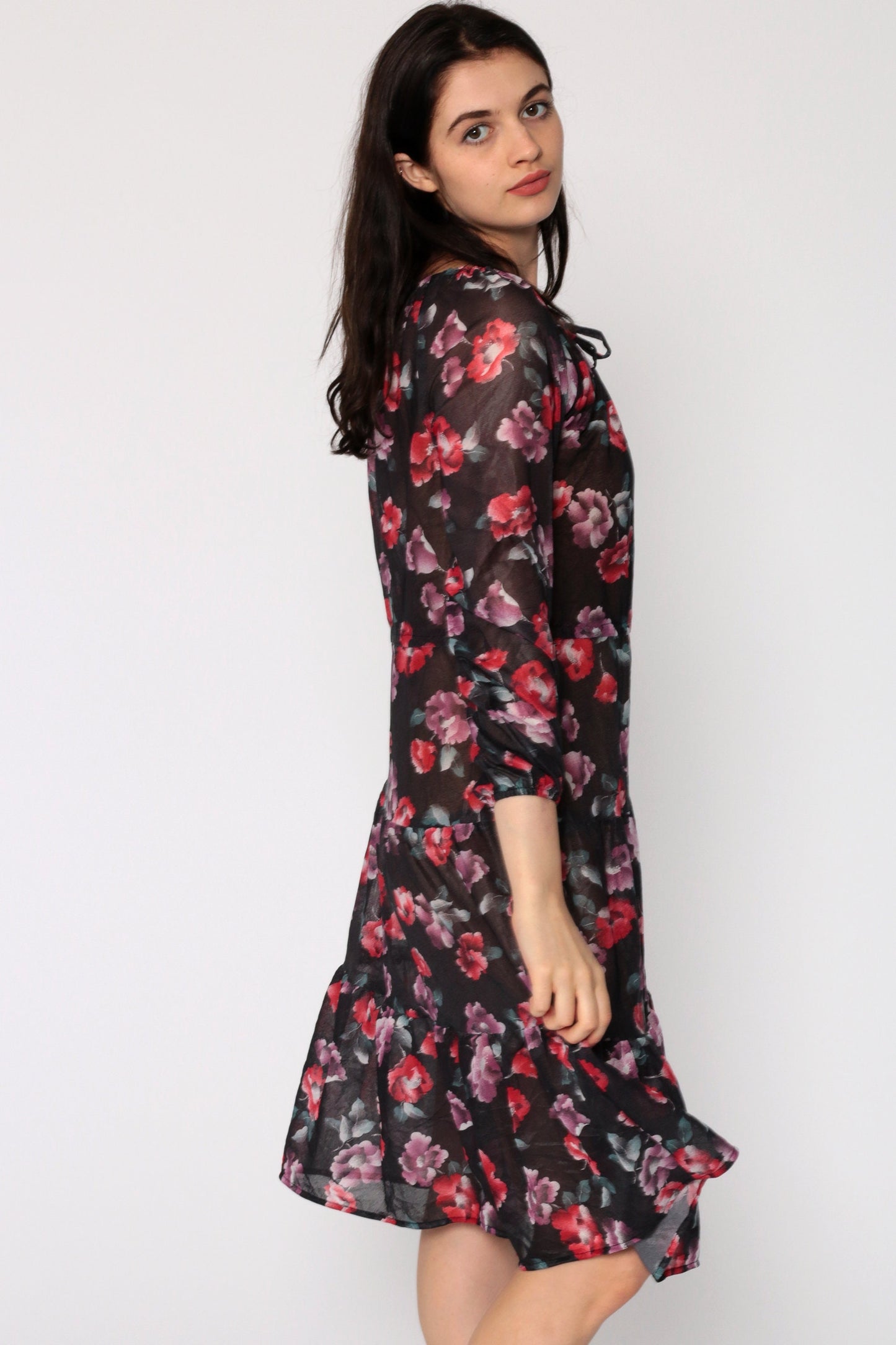 70s Floral Print Midi Dress Tiered Sheer Black High Waist Small