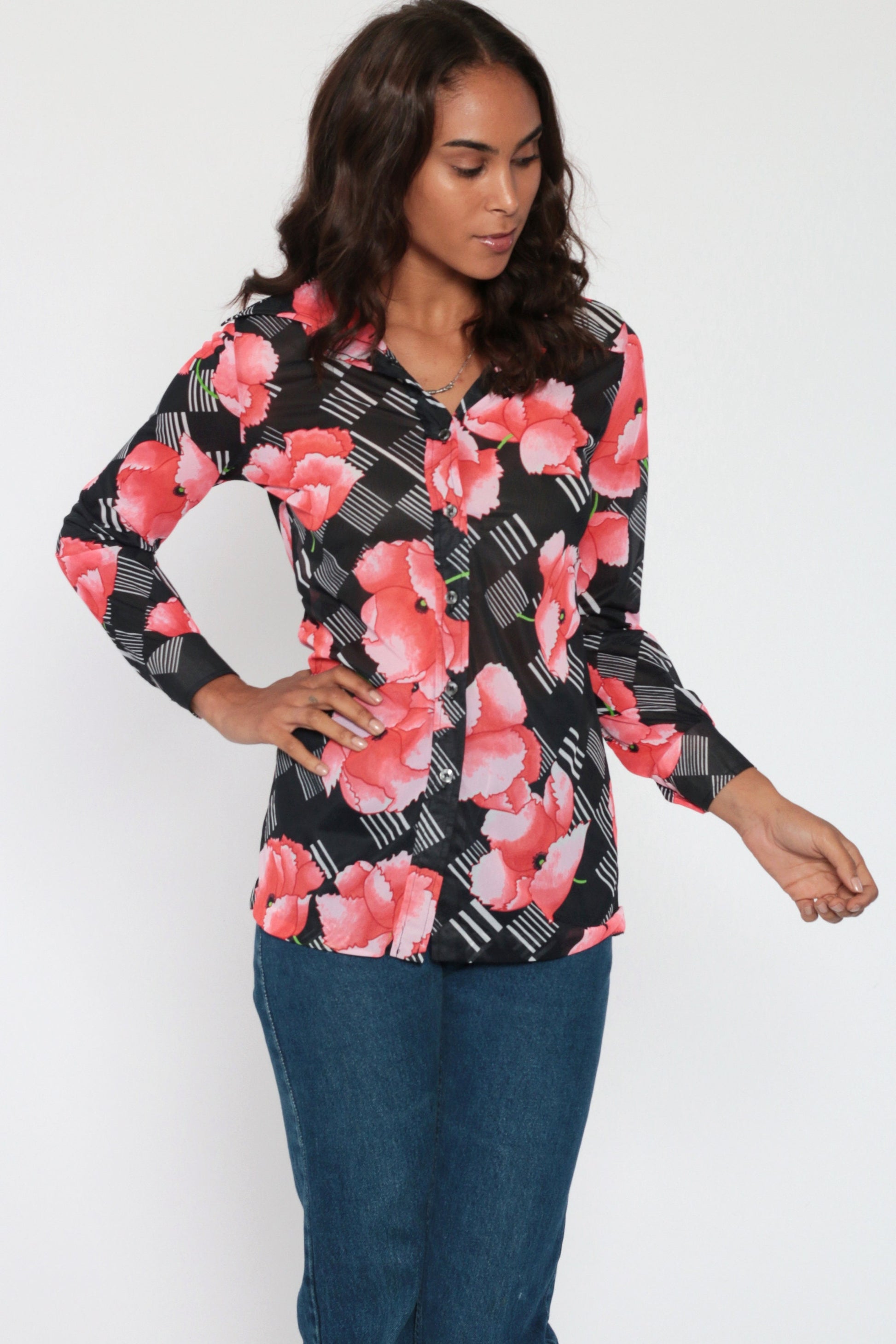 70s Jantzen Sheer Floral Poppy Blouse Black Pink Button Up Long Sleeve Small