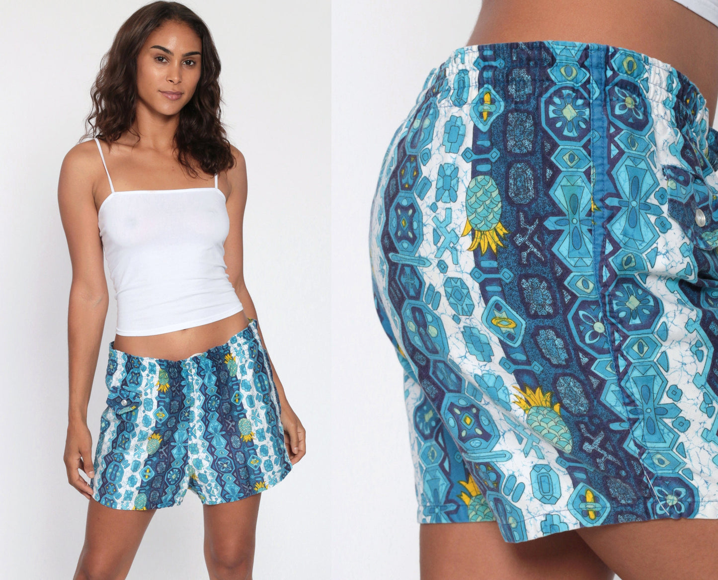 80s Pineapple Kaleidoscope Geometric Swim Shorts Blue Small Medium