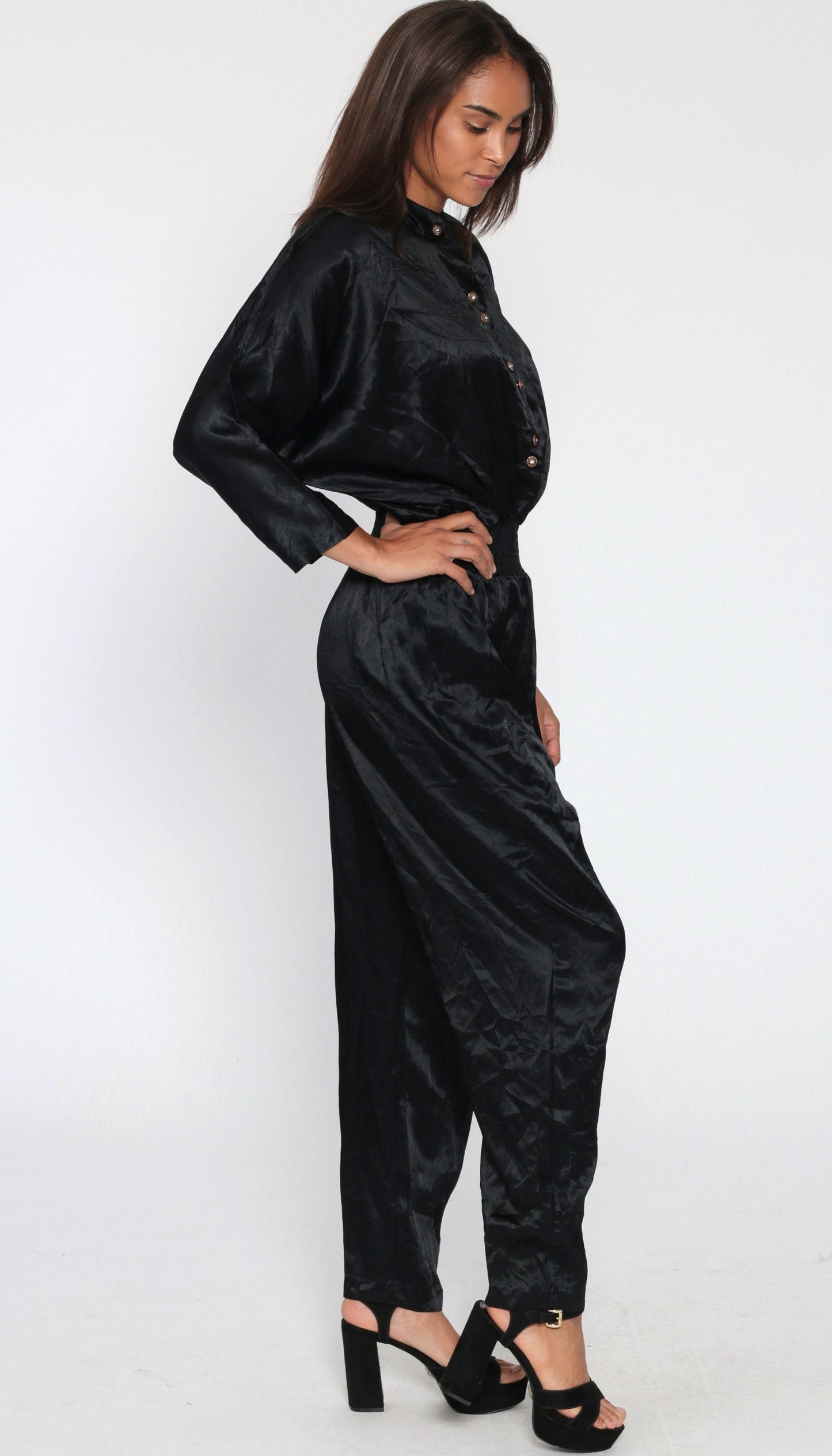 80s Black Satin Jumpsuit Dolman Sleeve Button-Up Tapered Small Medium