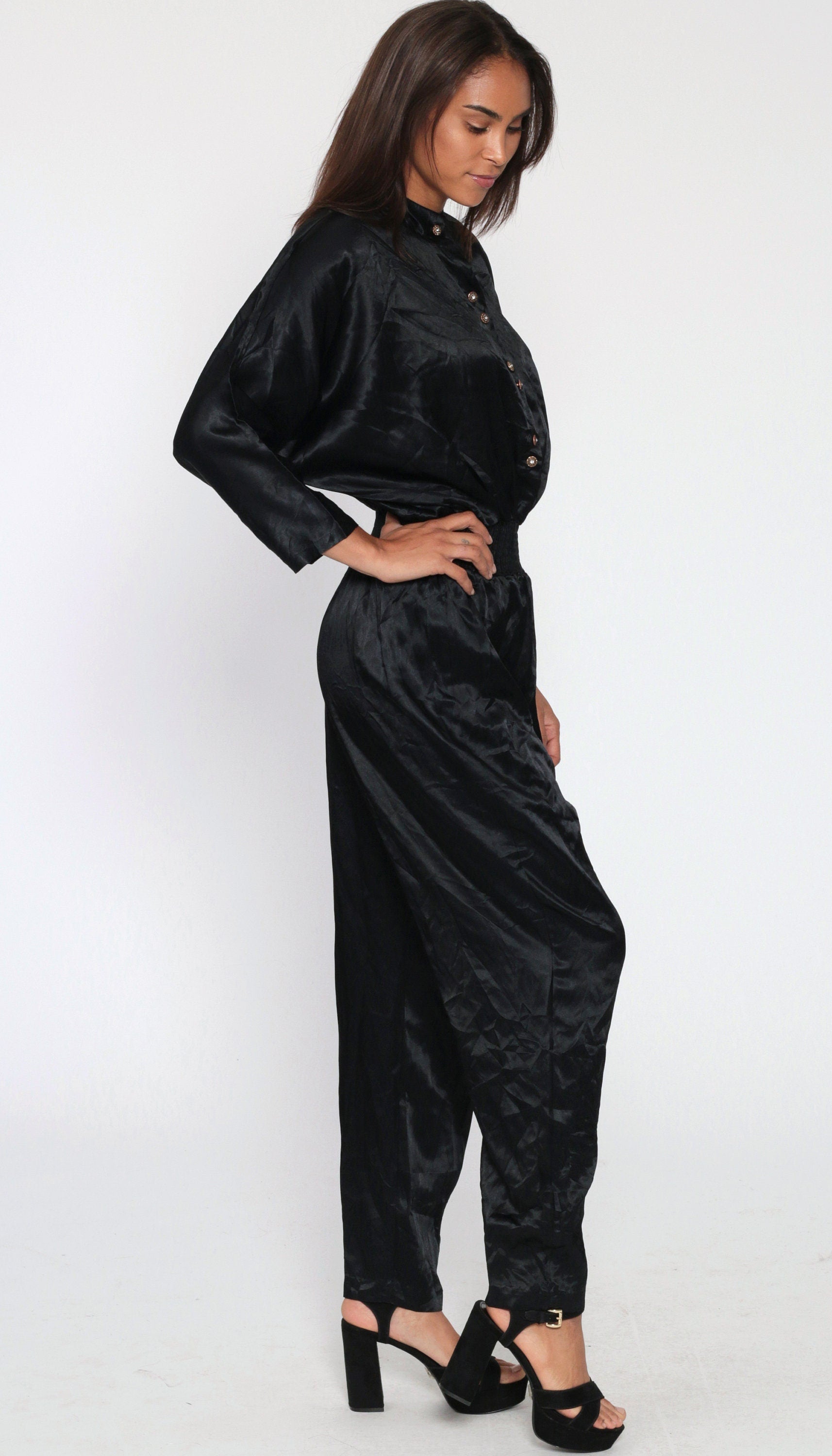 80s Black Satin Jumpsuit Dolman Sleeve Button-Up Tapered Small Medium