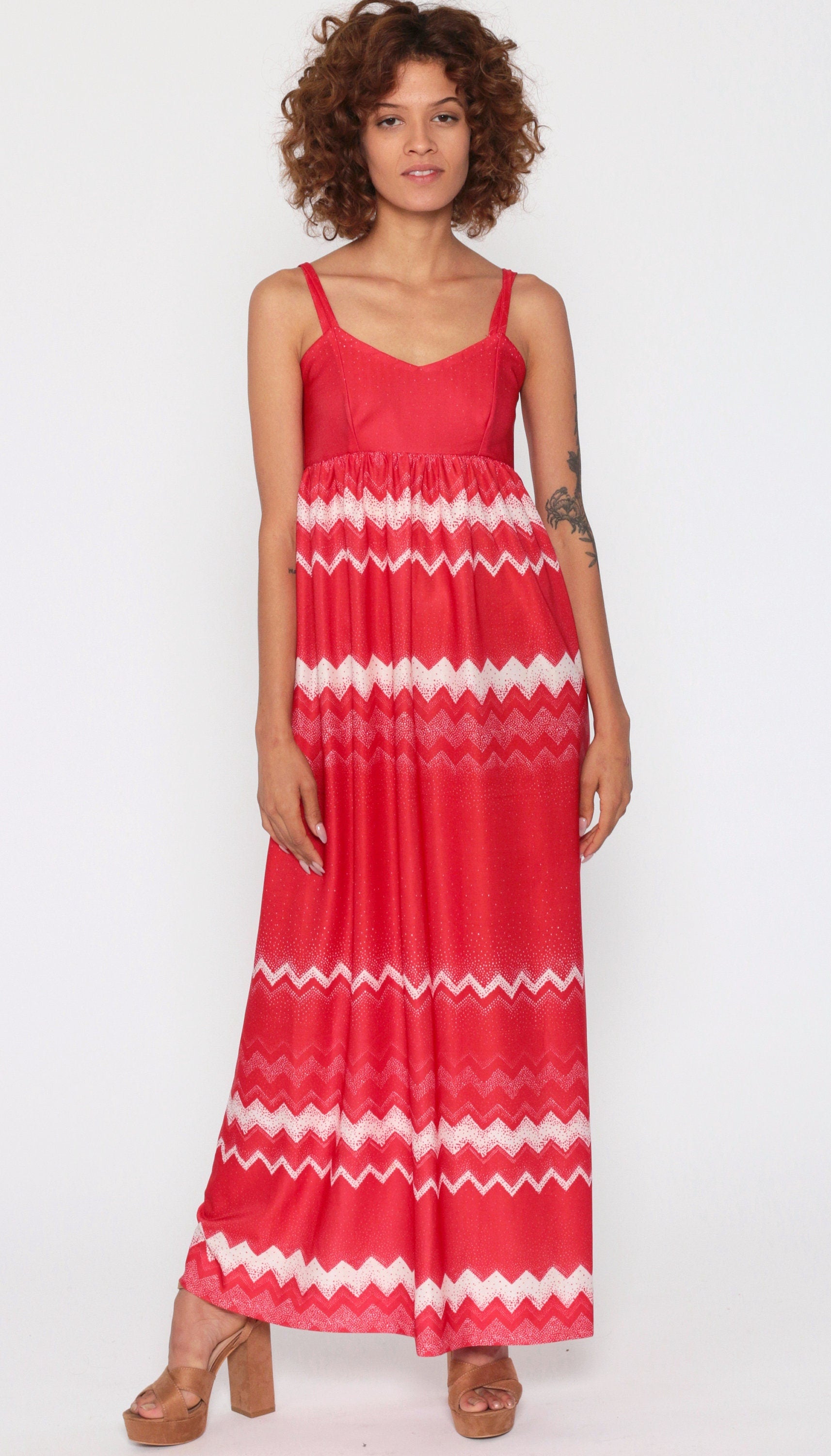 70s Red Zig Zag Striped Maxi Dress Empire Waist Spaghetti Strap Extra Small