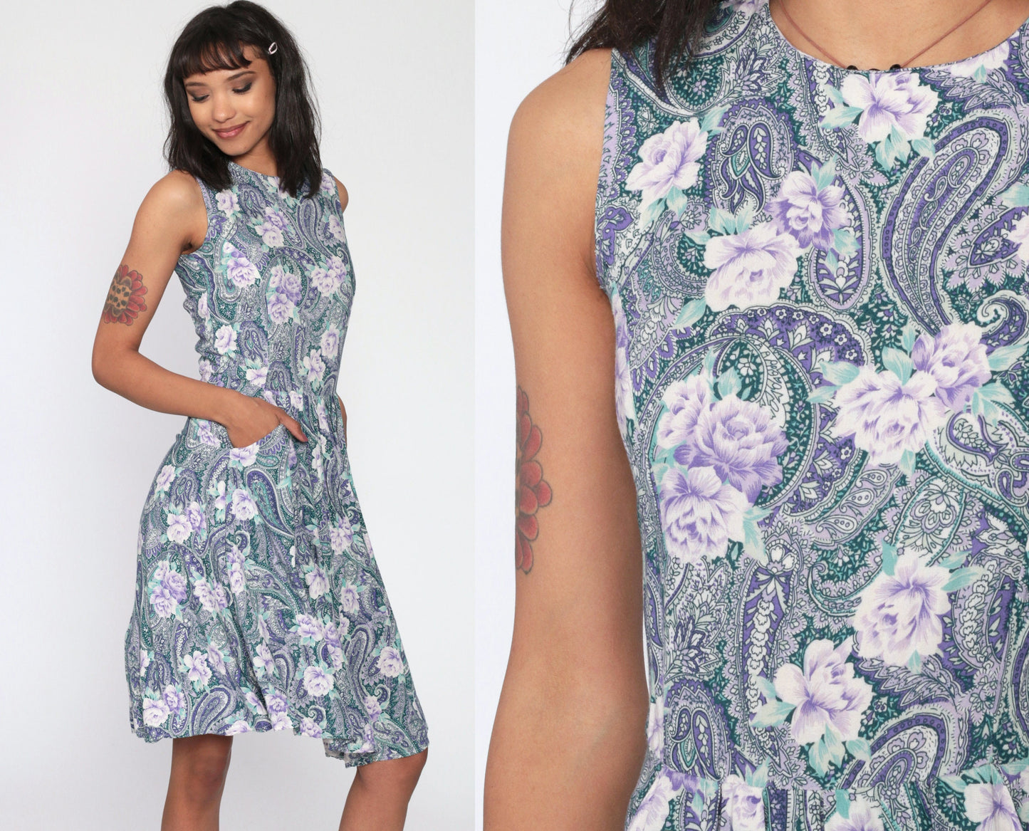 1970s Floral Paisley Button-Back Dress High Waist Midi Pockets Blue Extra Small