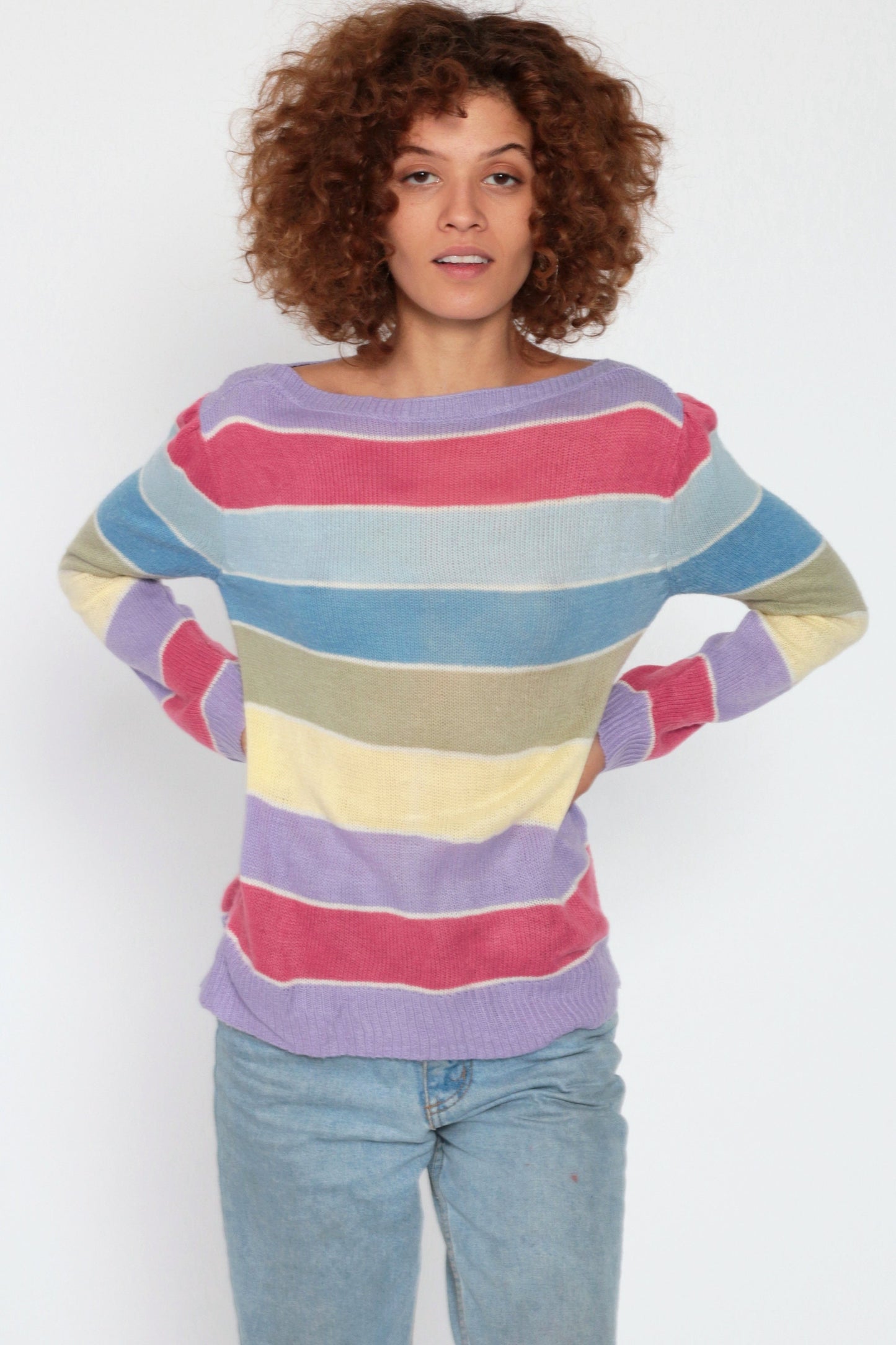 80s Pastel Striped Boatneck Sweater Puff Sleeve Knit Pullover Small