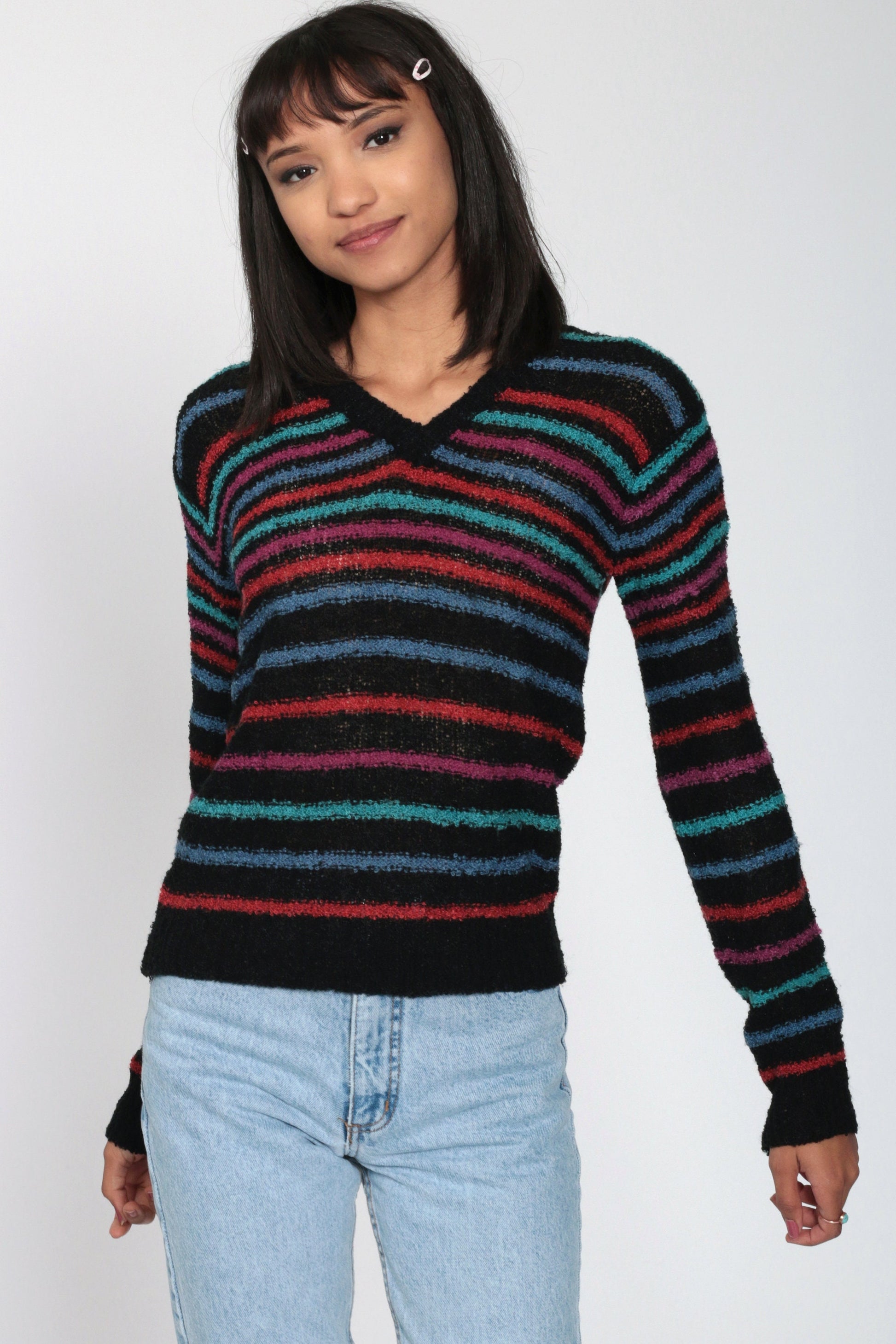 80s Black Striped V-Neck Sweater Pullover Knit Small
