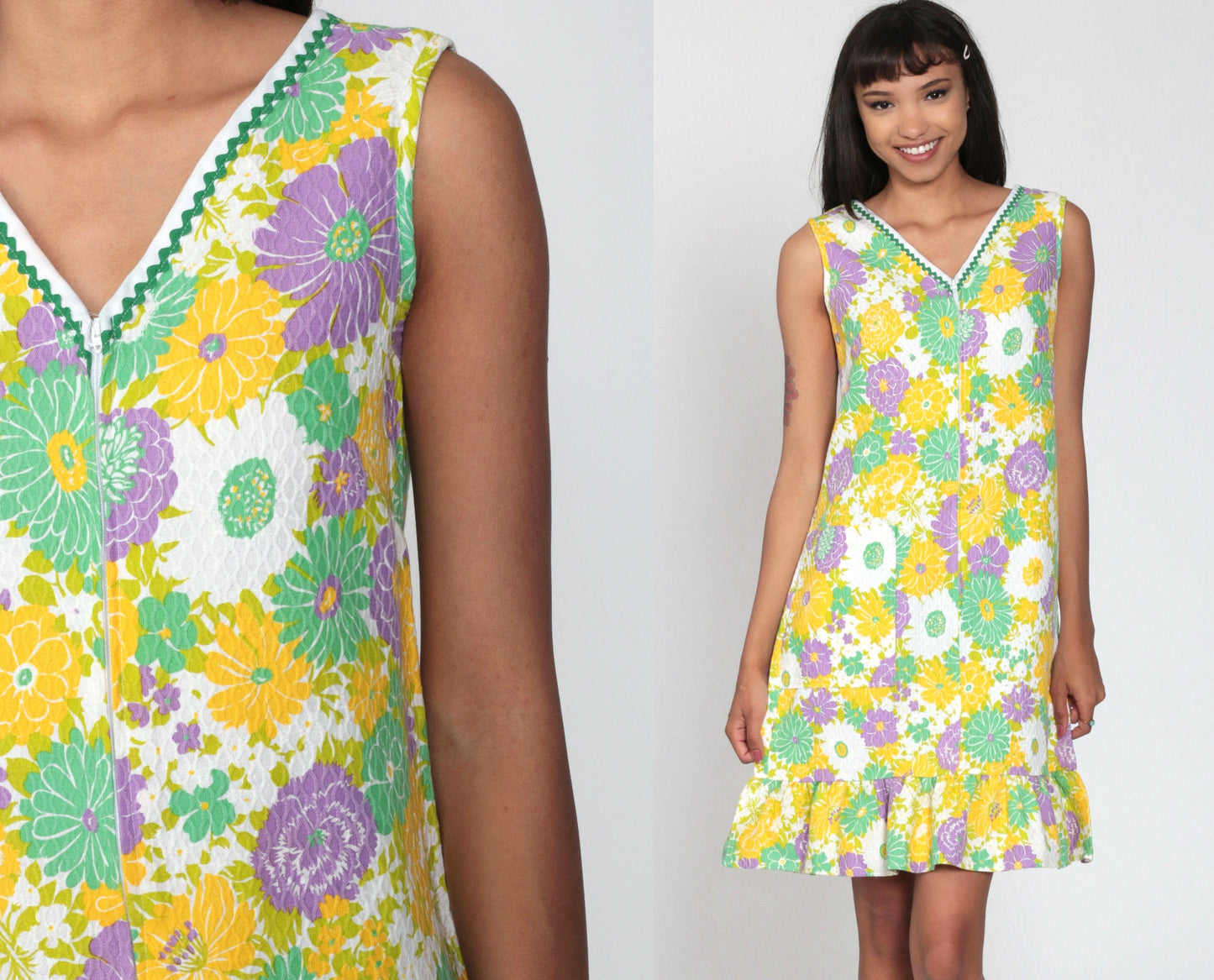 70s Floral Mini Shift Dress Yellow Green Psychedelic Front Zip Sleeveless Small