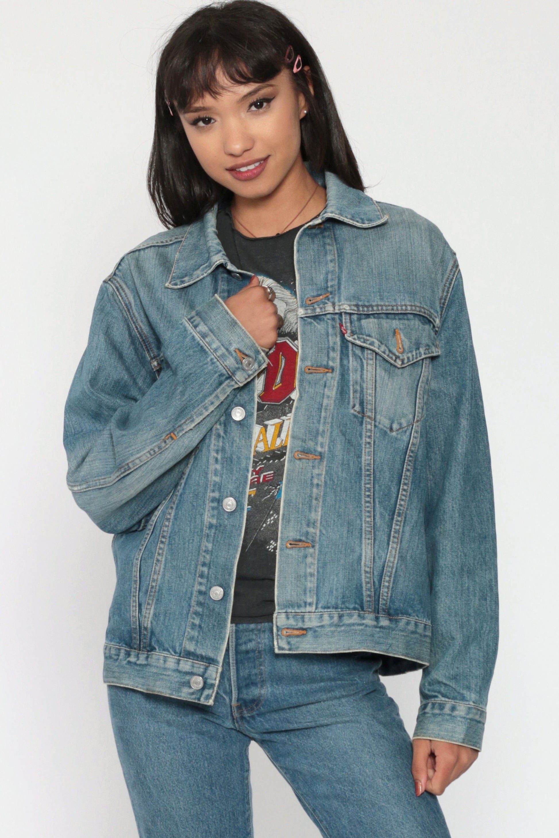 90s Levi's Denim Trucker Jacket Blue Red Tab Small Medium