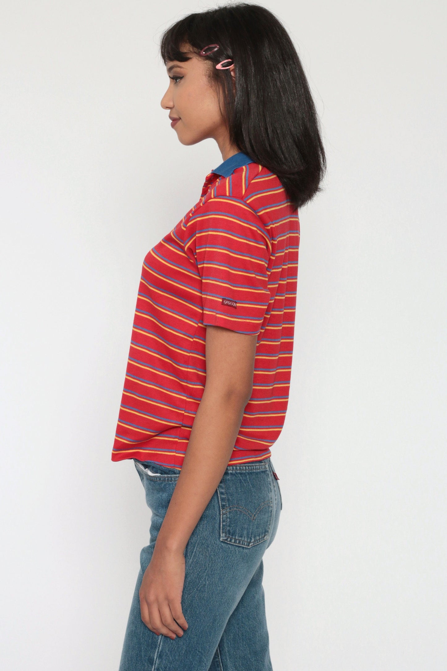 80s Sasson Polo Shirt Red Striped Half-Button Cotton Small