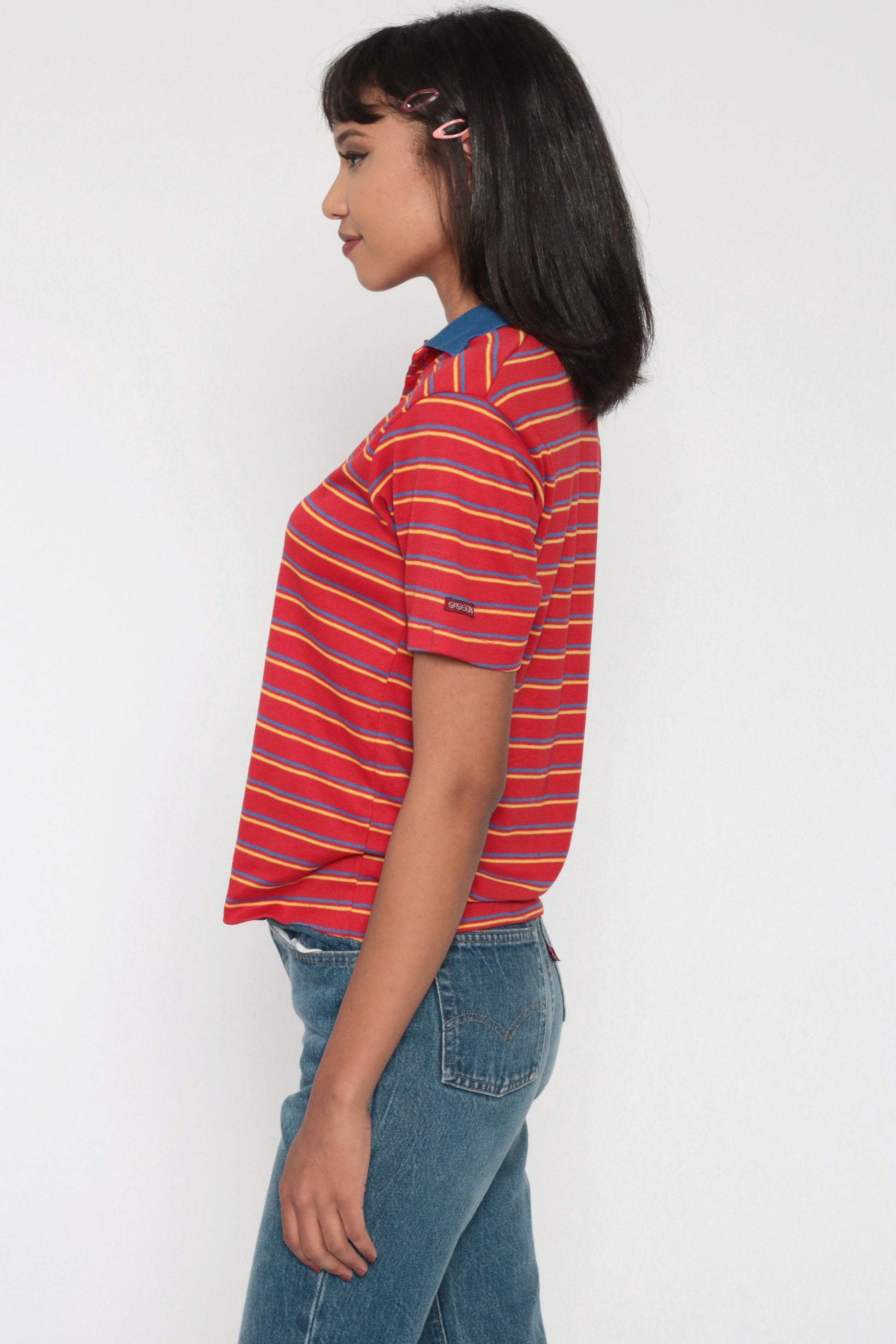 80s Sasson Polo Shirt Red Striped Half-Button Cotton Small